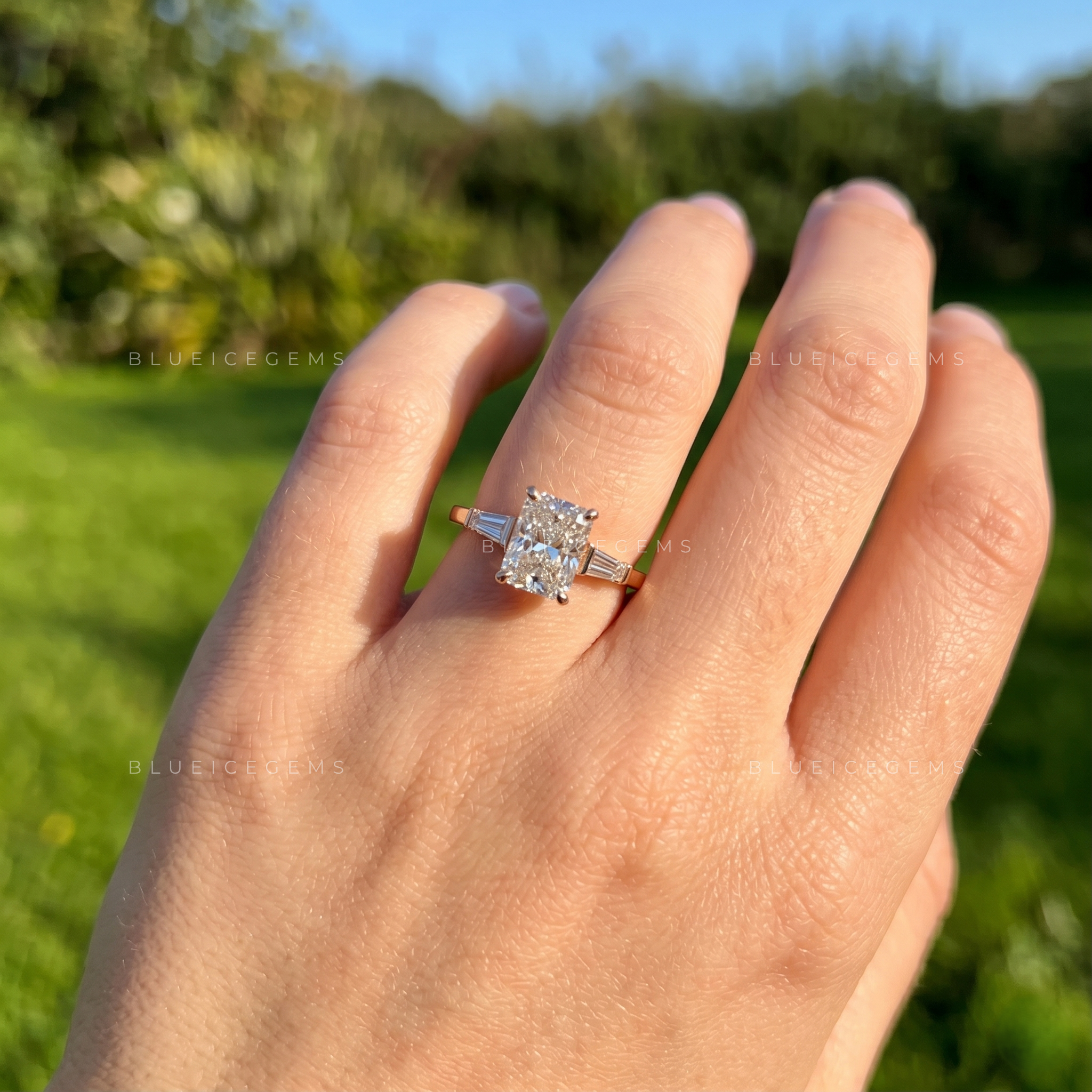 Timeless Splendor Radiant Cut Trilogy Engagement Ring Sophisticated Tapered Baguette Three Stone Anniversary Band