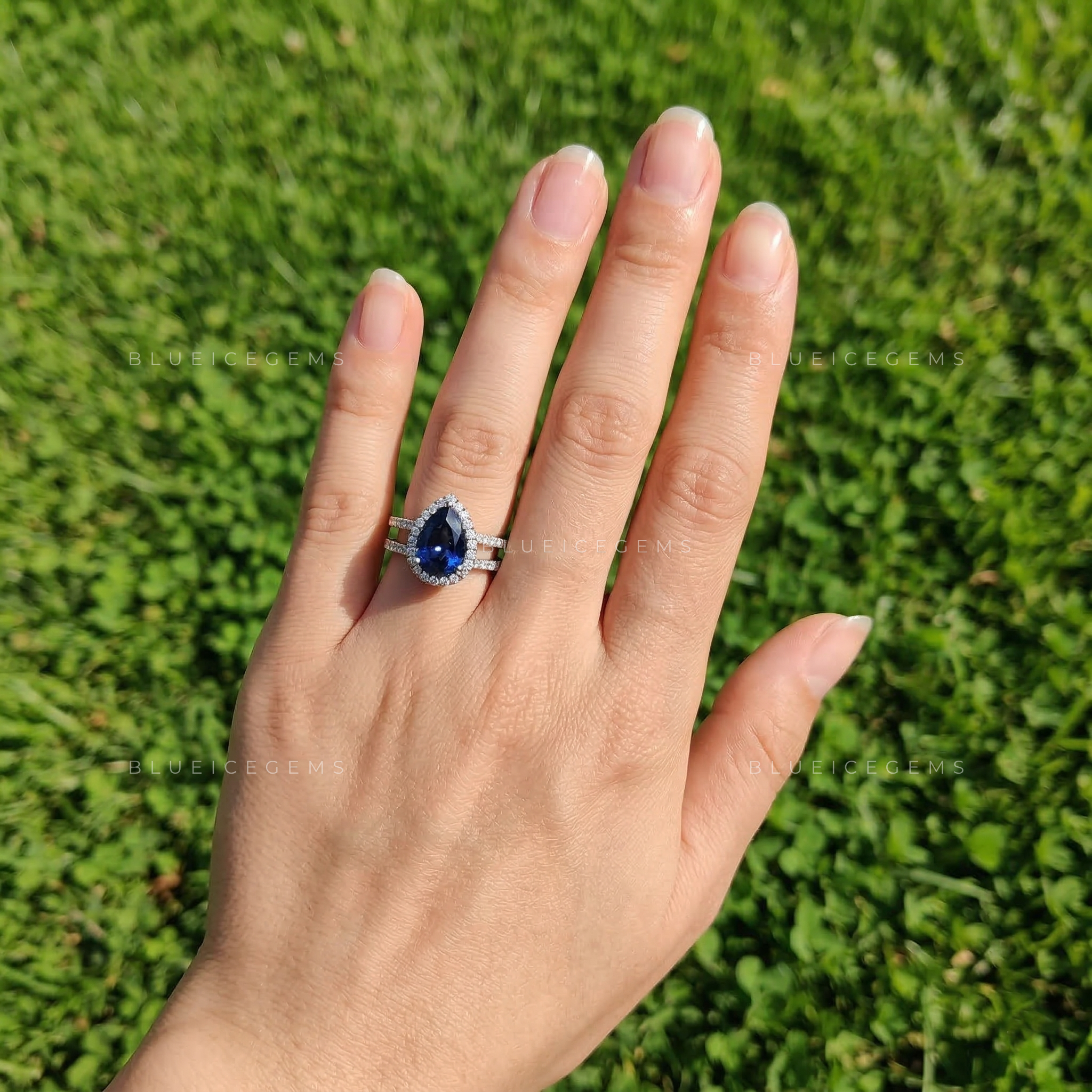 Royal Midnight Pear Sapphire Double Row Halo Ring