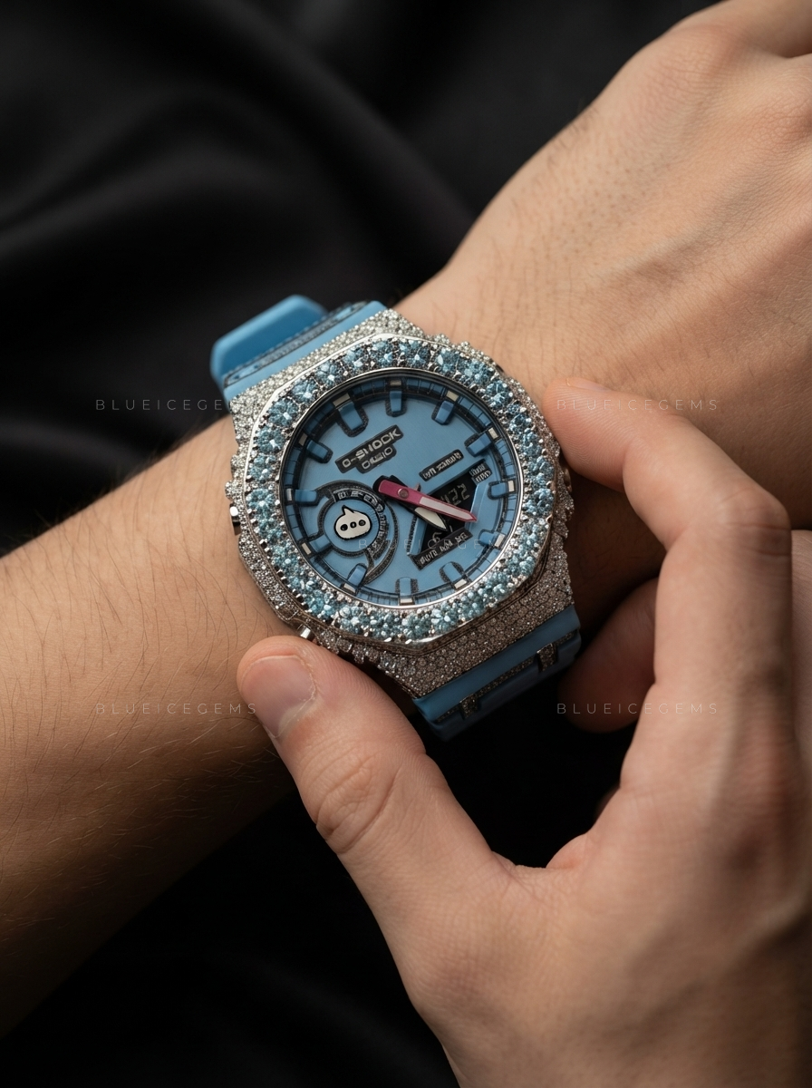 Blue Glacier Prestige Watch – Aqua Blue CZ & White Moissanite