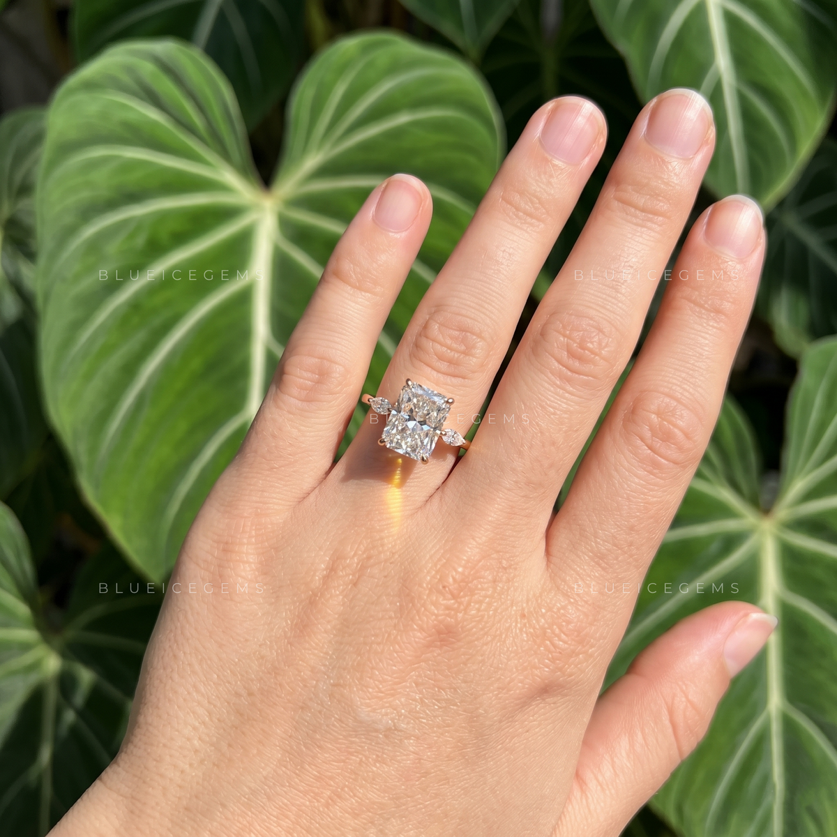 Radiant Cut Three Stone Engagement Ring with Marquise Side Accents