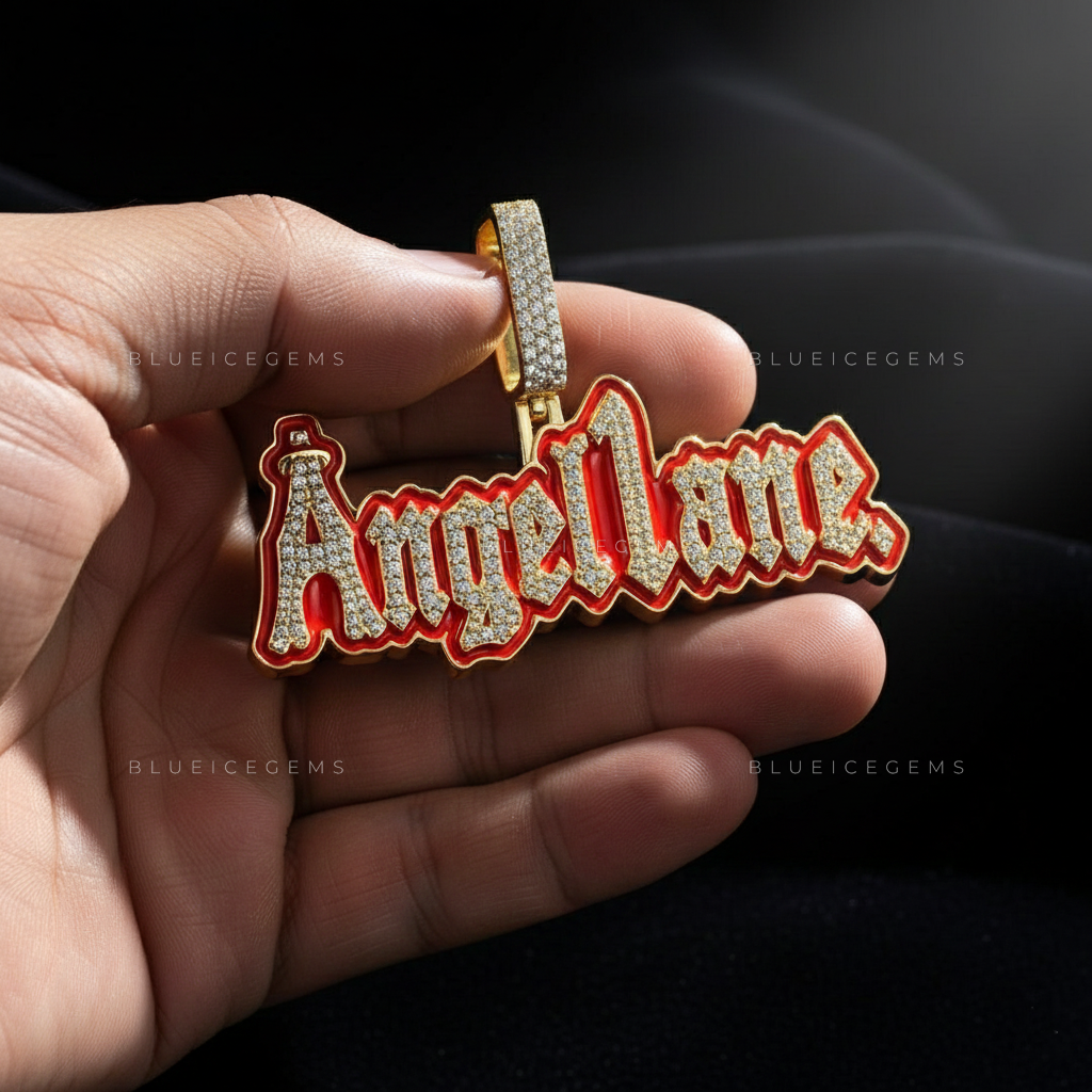The "ANGEL LANE" Signature: Crimson Enamel & Gothic script Fusion Pendant
