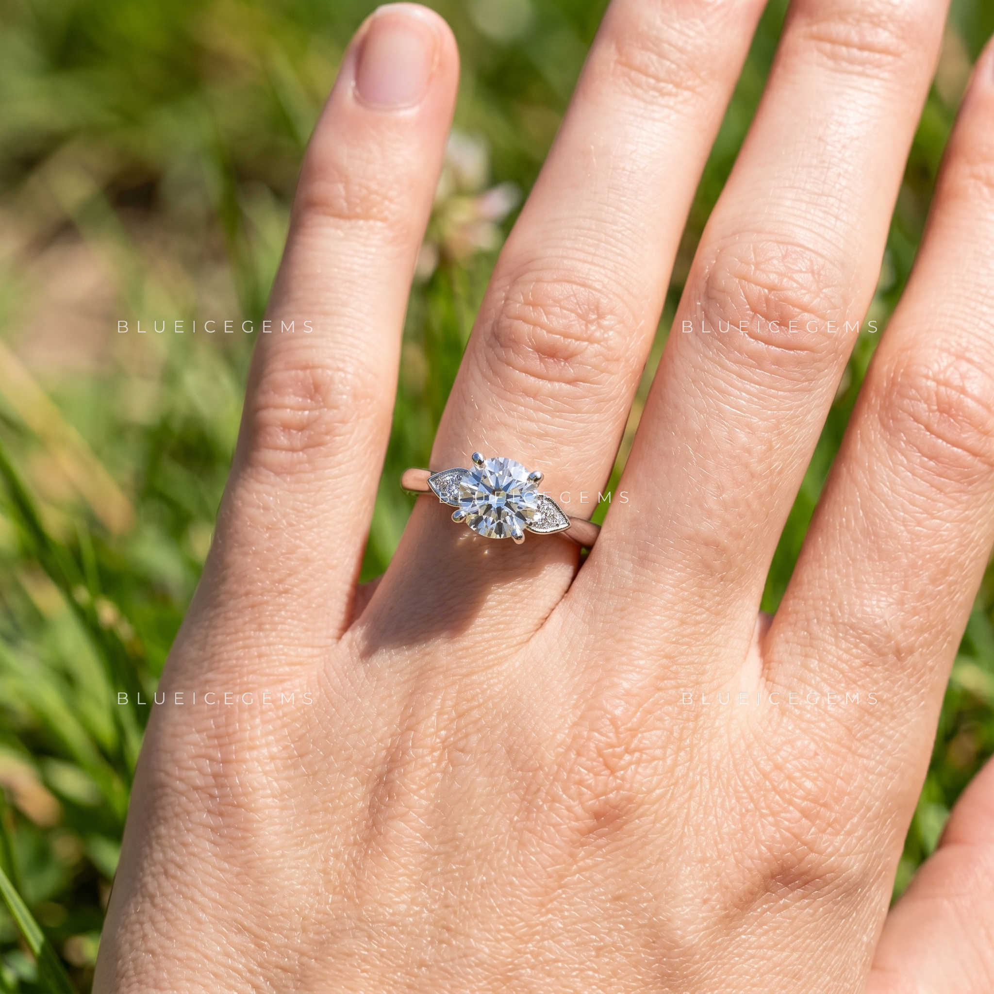 Aurevian Round Cut Hidden Accent Engagement Ring