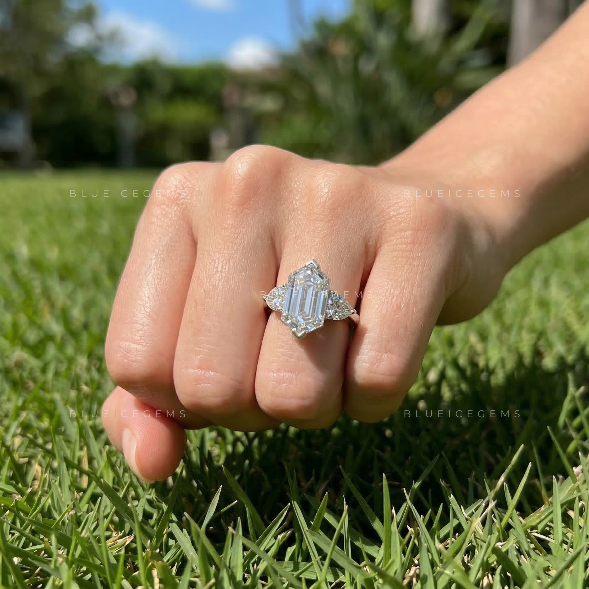 Mystic Slate Hexagon Cut Three-Stone Ring