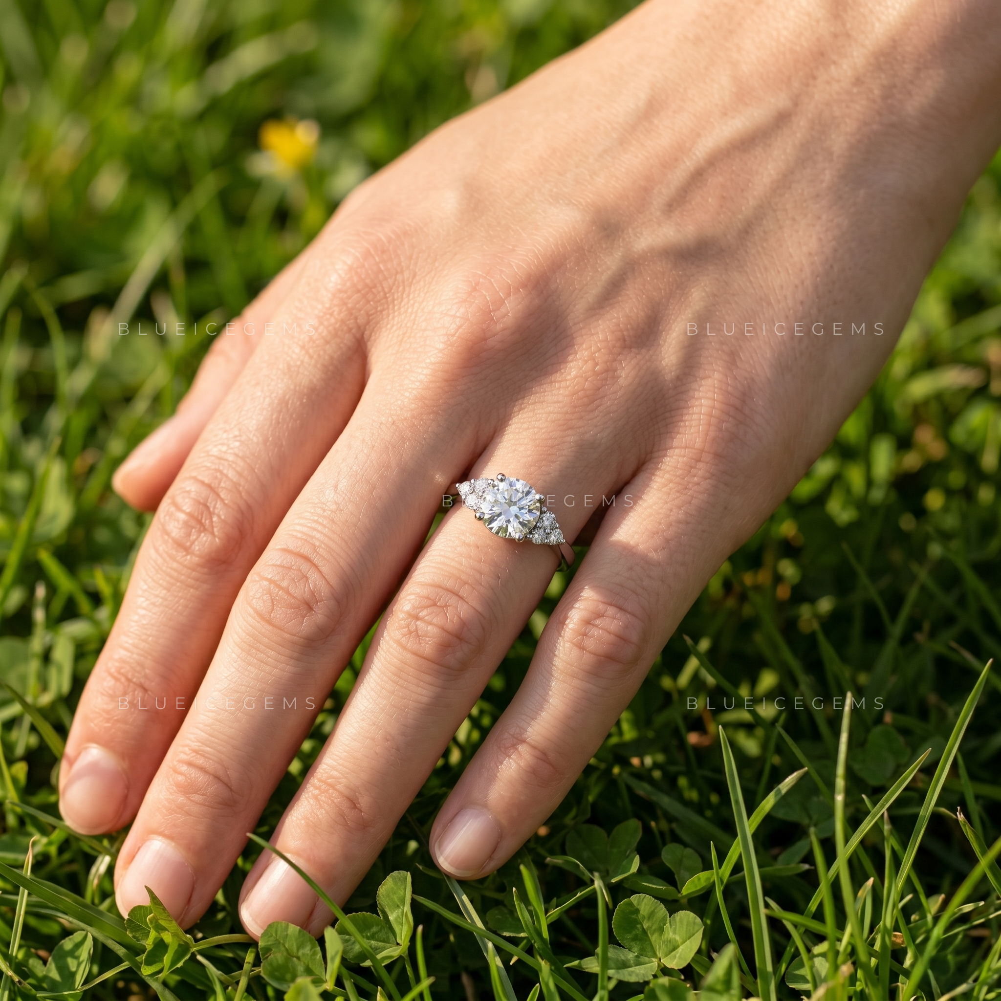 Exquisite Splendor Round Brilliant Cut Solitaire Engagement Ring with Muse Accent Setting Birthday Gift Band