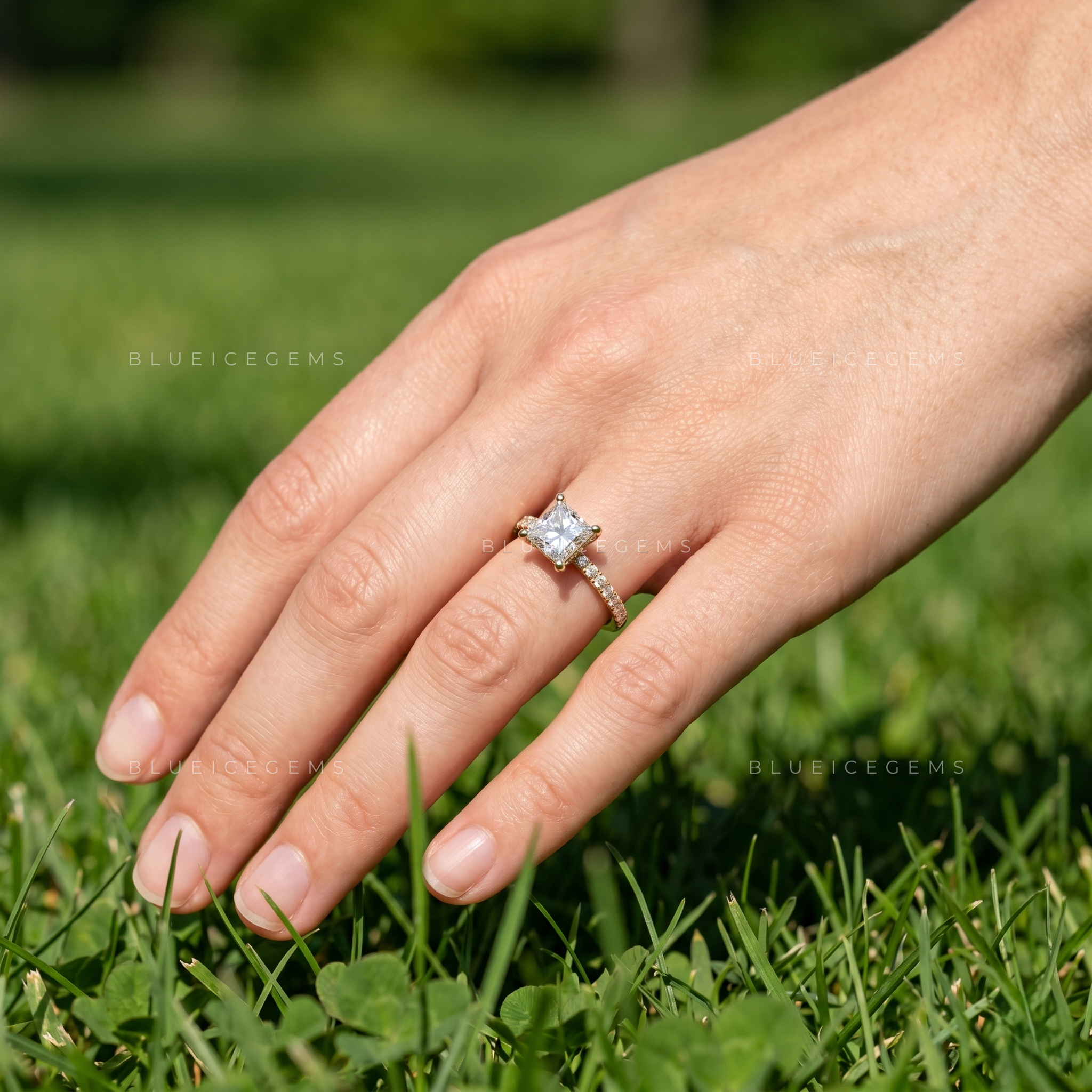 Princess Cut Square Diamond Pave Accented Engagement Ring