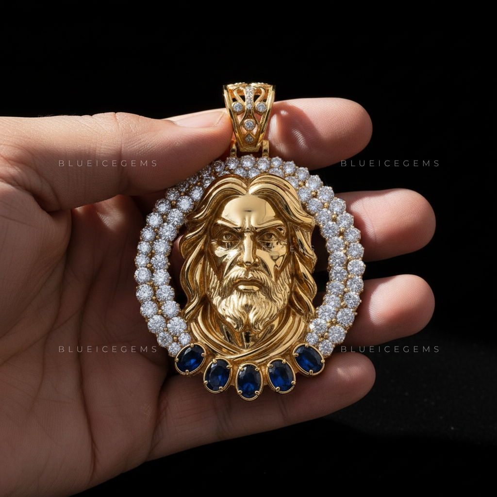 The "Divine Sovereign" Medallion: Sculptural Gold Portrait & Azure Sapphire Halo