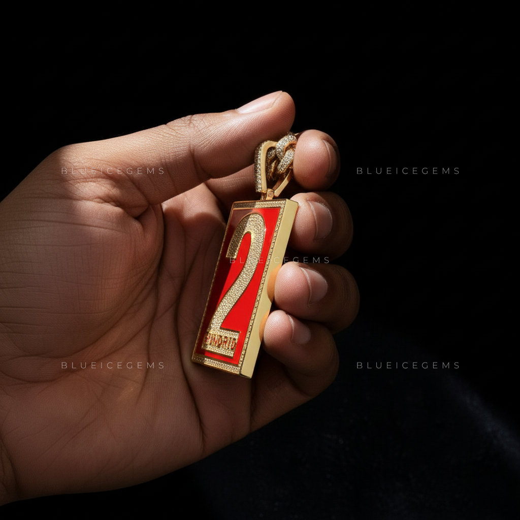 The "2 HUNDRID" Crimson Tablet: Enamel Mosaic & Iced-Out Numerology Pendant