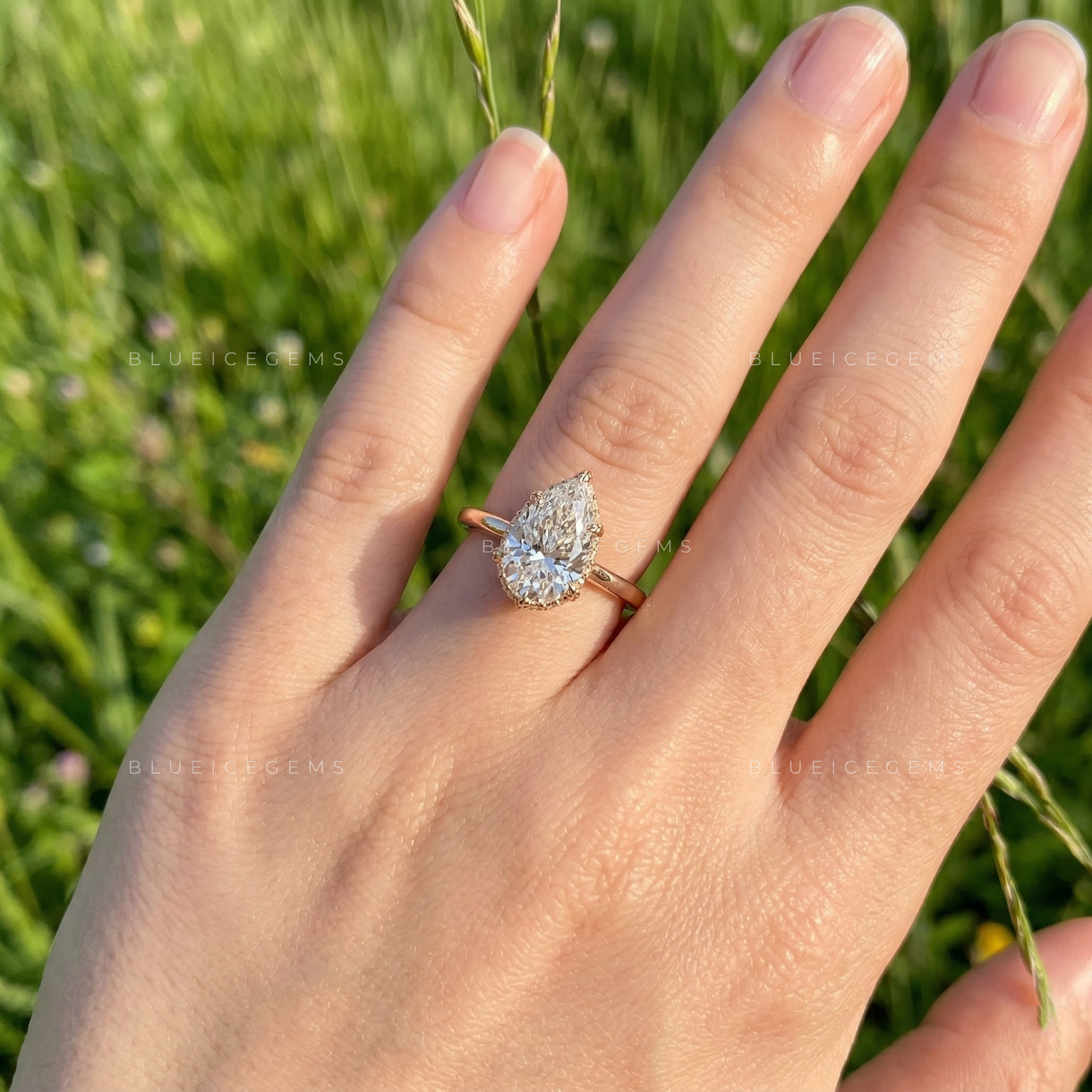 Midnight Bloom Pear Cut Lab Grown Diamond Hidden Halo Ring