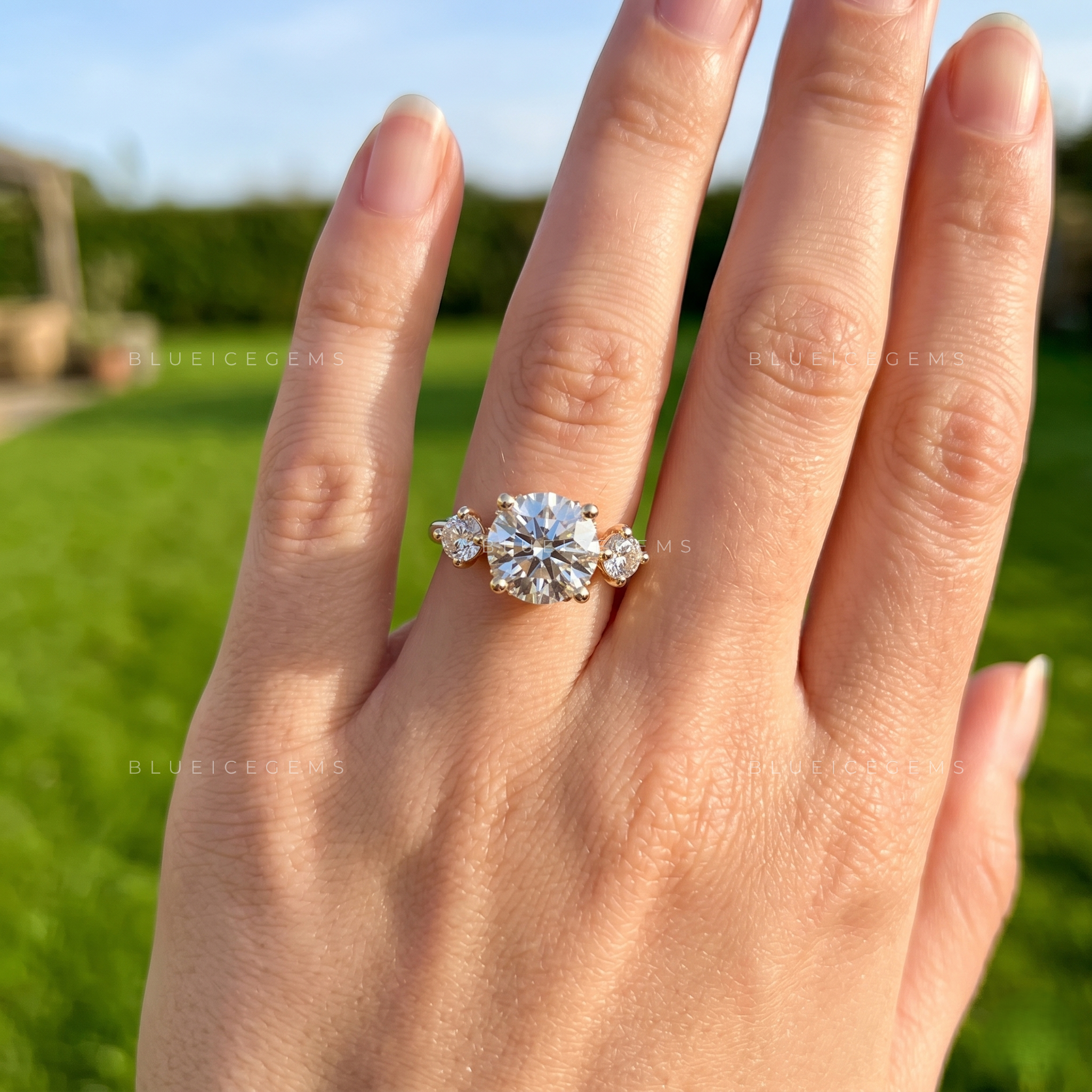 Radiant Three-Stone Round Brilliant Cut Heirloom Engagement Ring