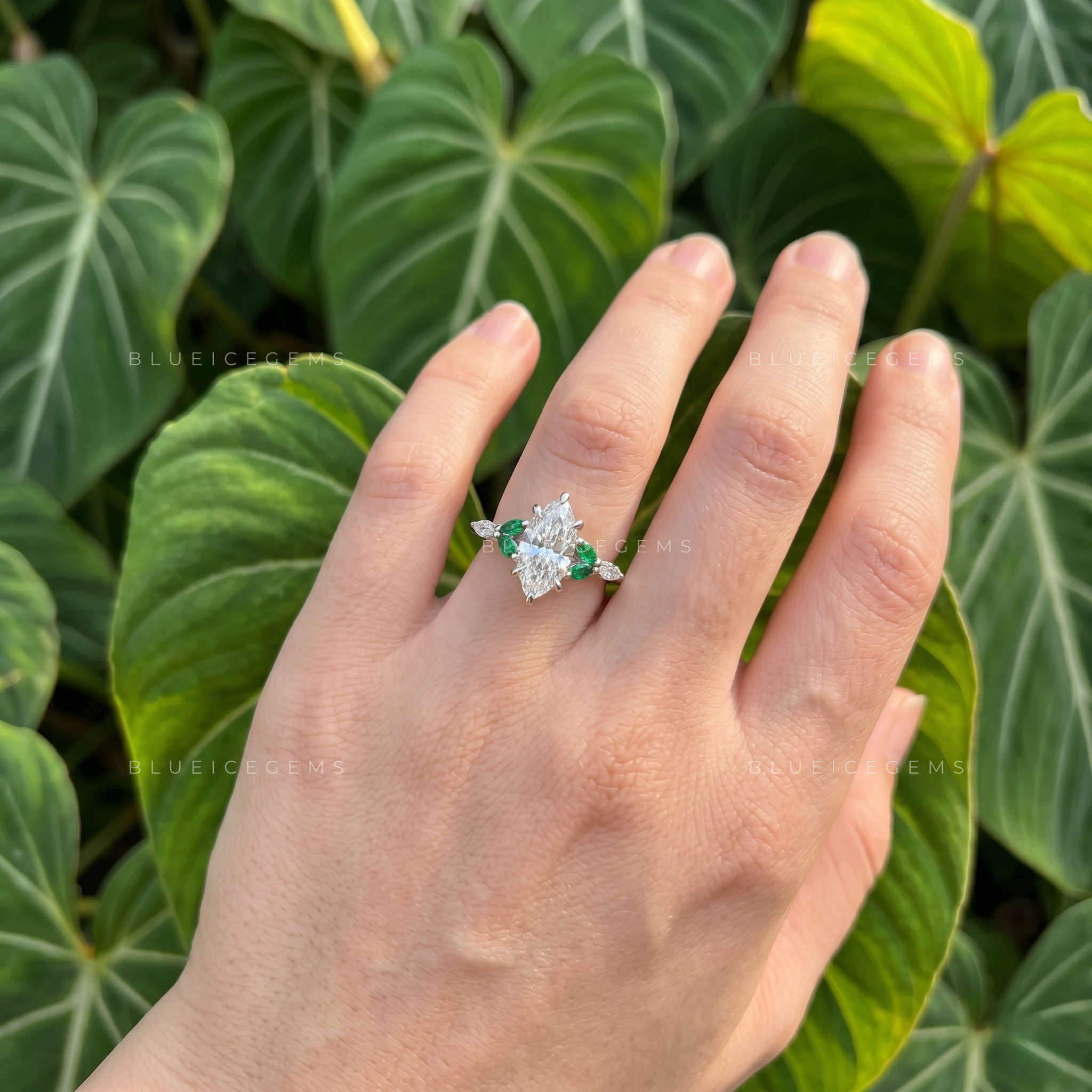Enchanted Leaf Marquise Cut Engagement Ring with Emerald Accents