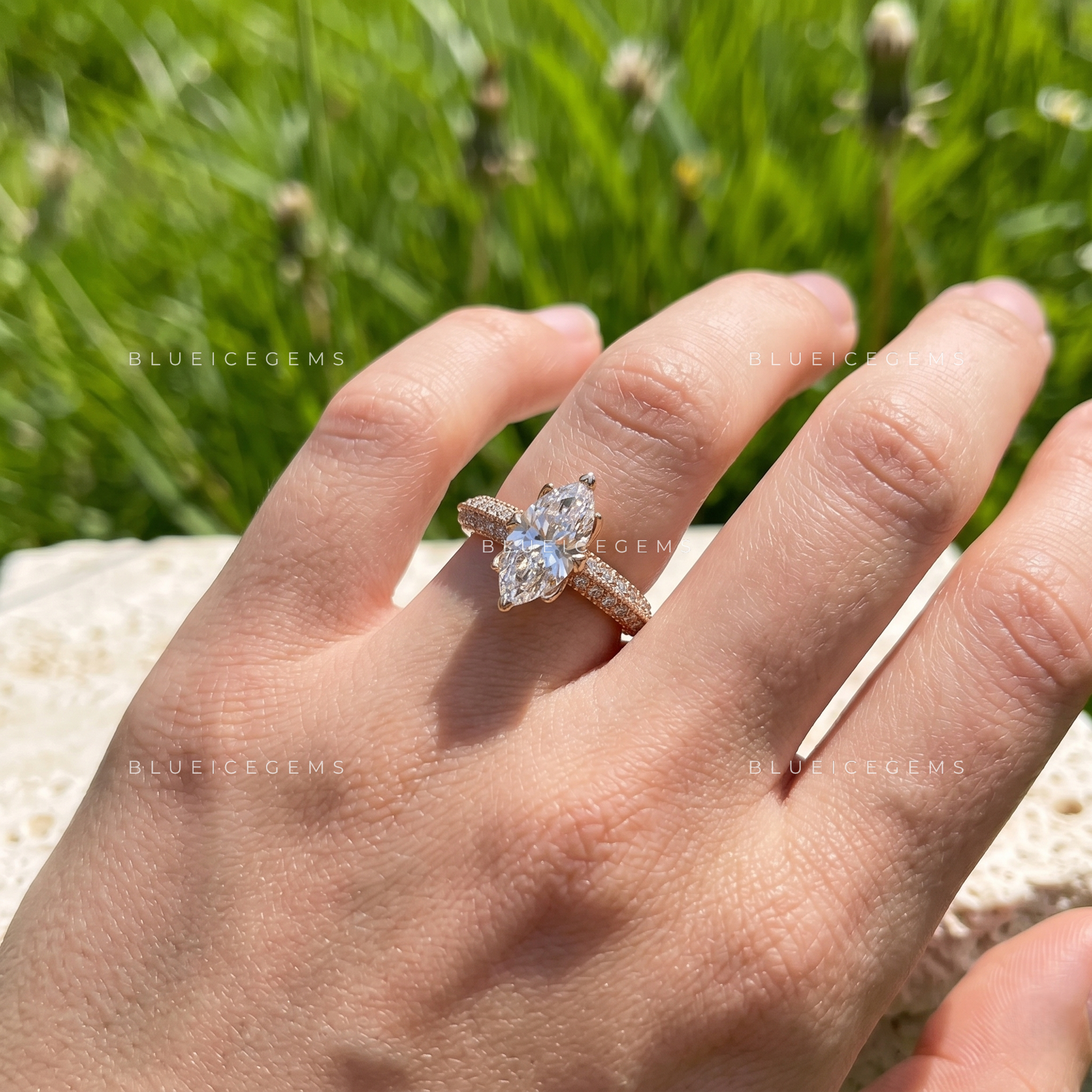 Opulent Crest Marquise Cut Side Stone Engagement Ring