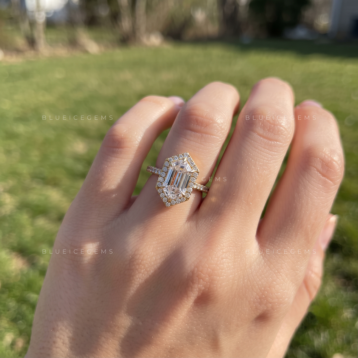 Celestara Elongated Hexagon Halo Pavé Engagement Ring
