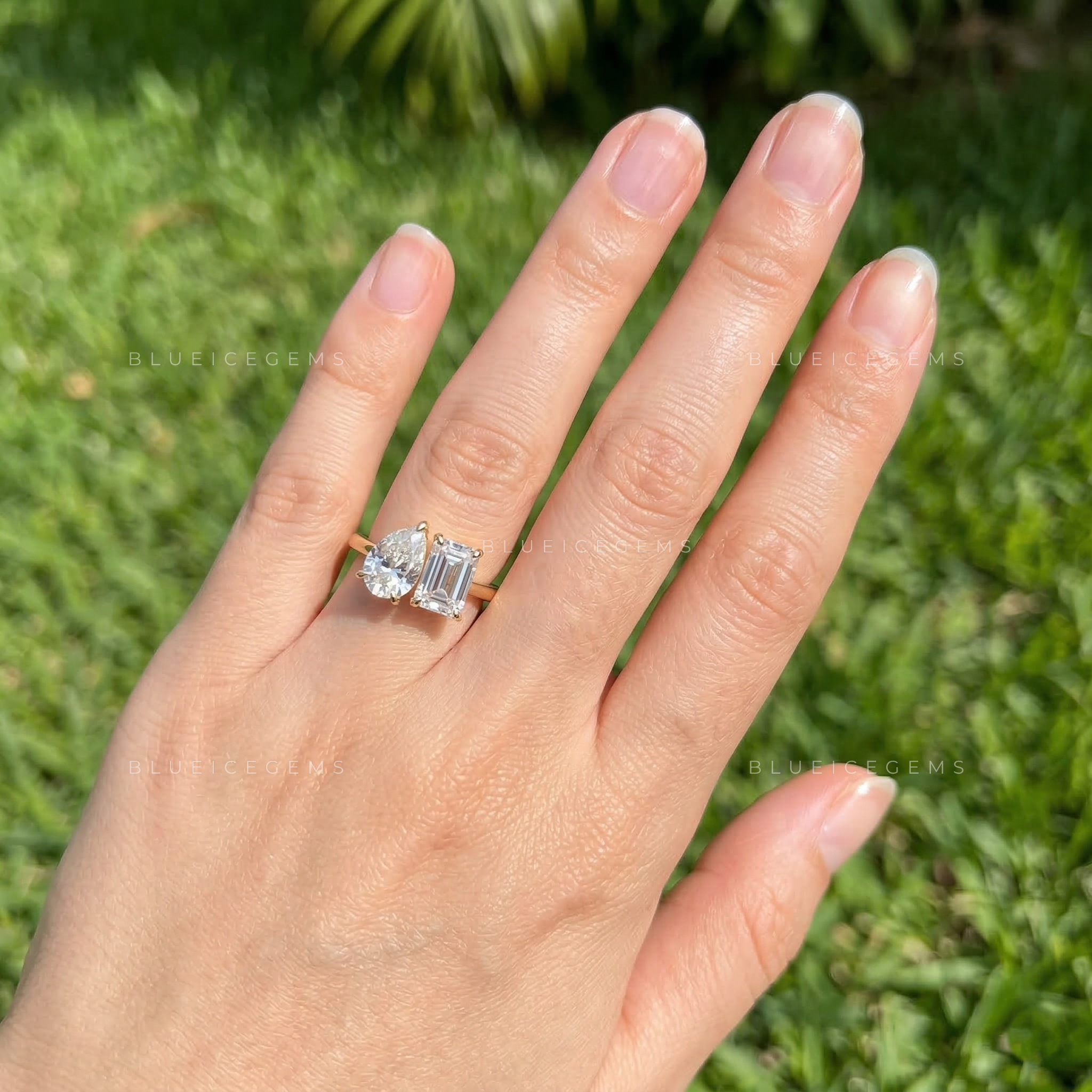 Celestial Tear Pear and Emerald Cut Trilogy Ring