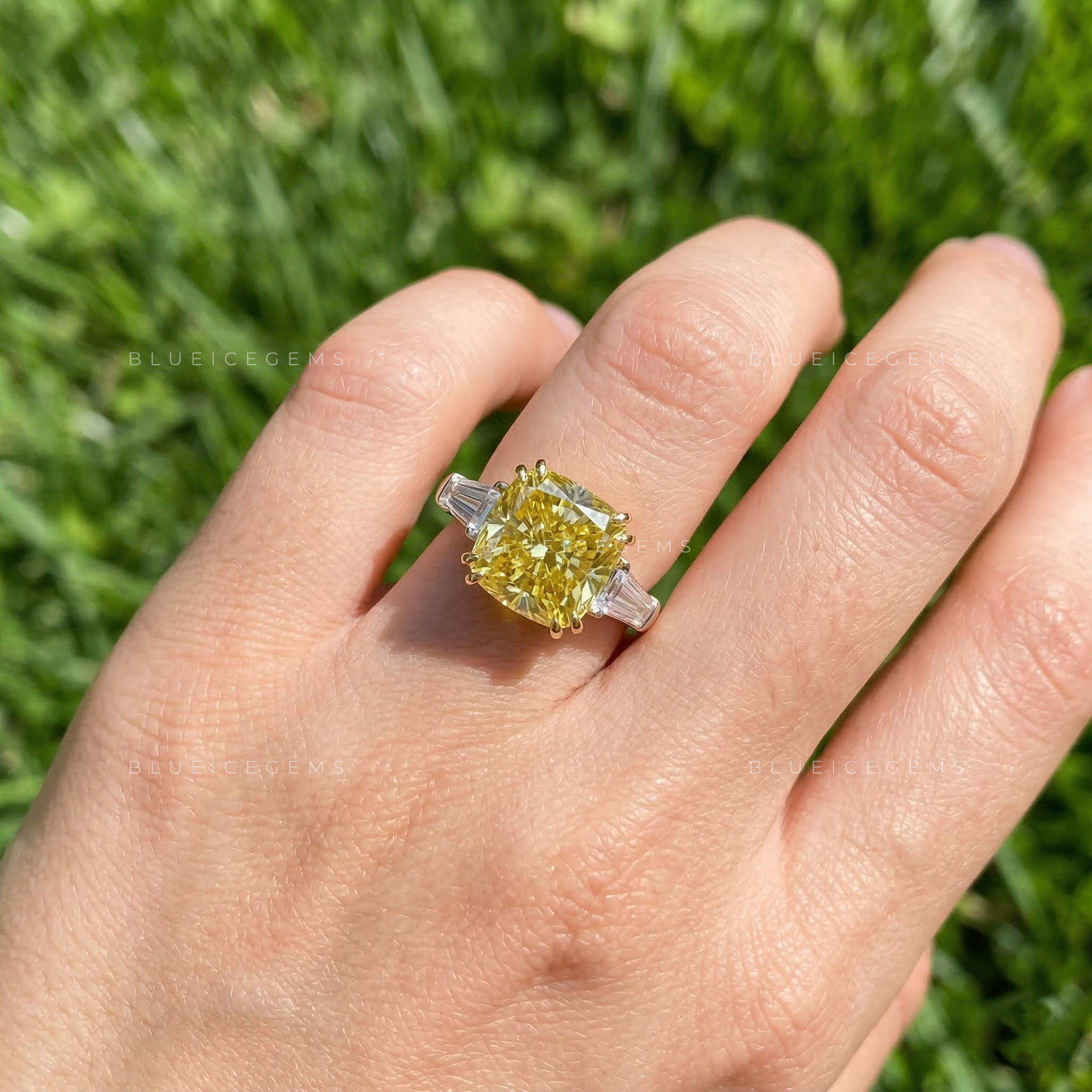 Radiant Canary Cushion Cut Three-Stone Ring
