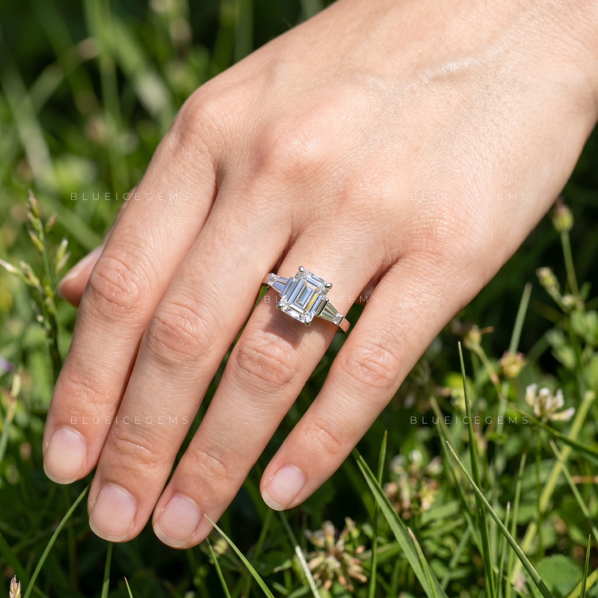 Emerald Cut Trilogy Engagement Ring with Tapered Baguettes