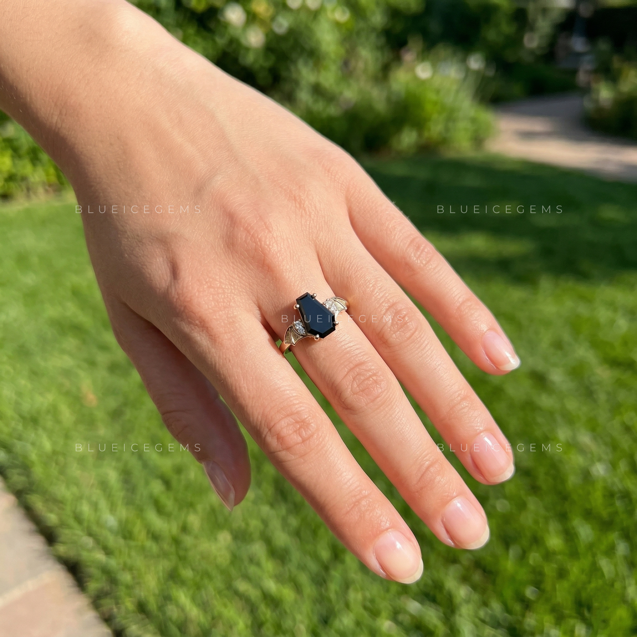 Midnight Noir Coffin Cut Black Moissanite Solitaire Accent Ring