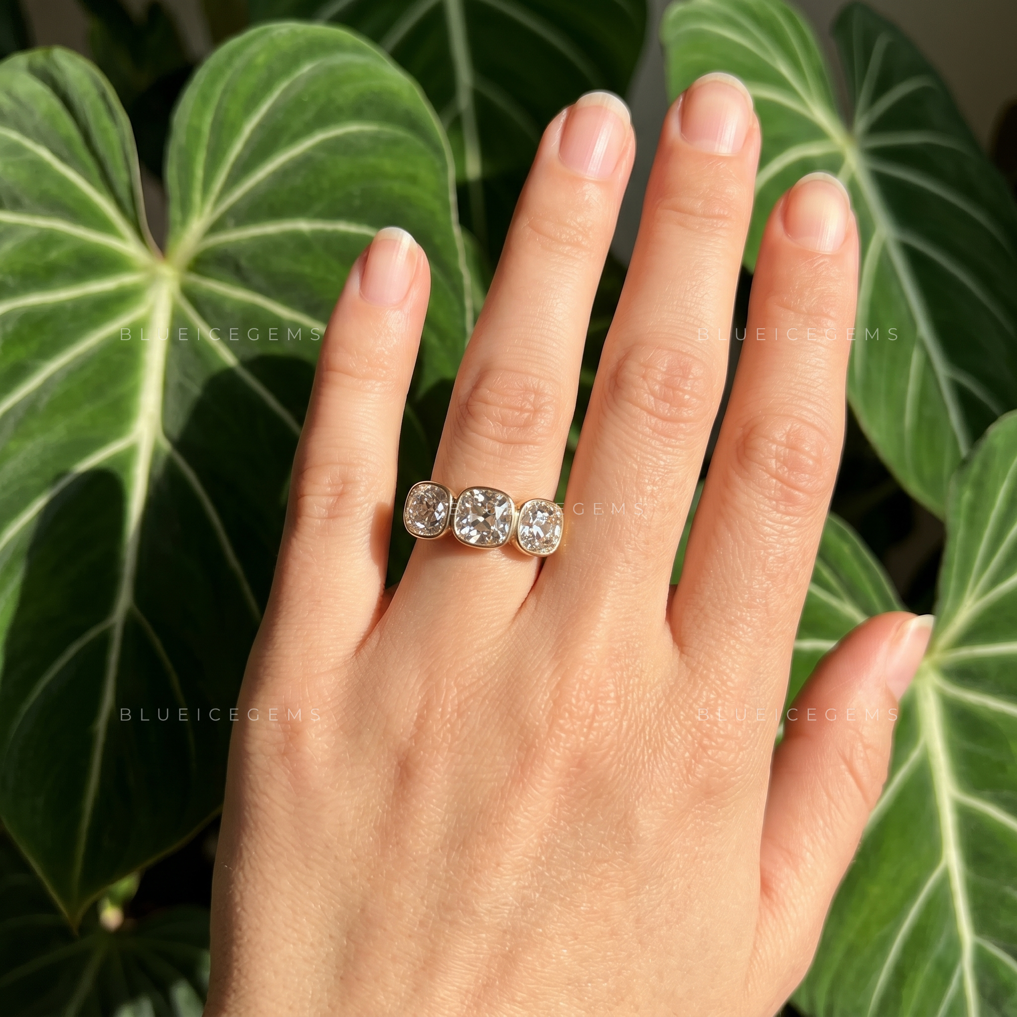 Timeless Charm Old Mine Cut Bezel Three Stone Engagement Ring