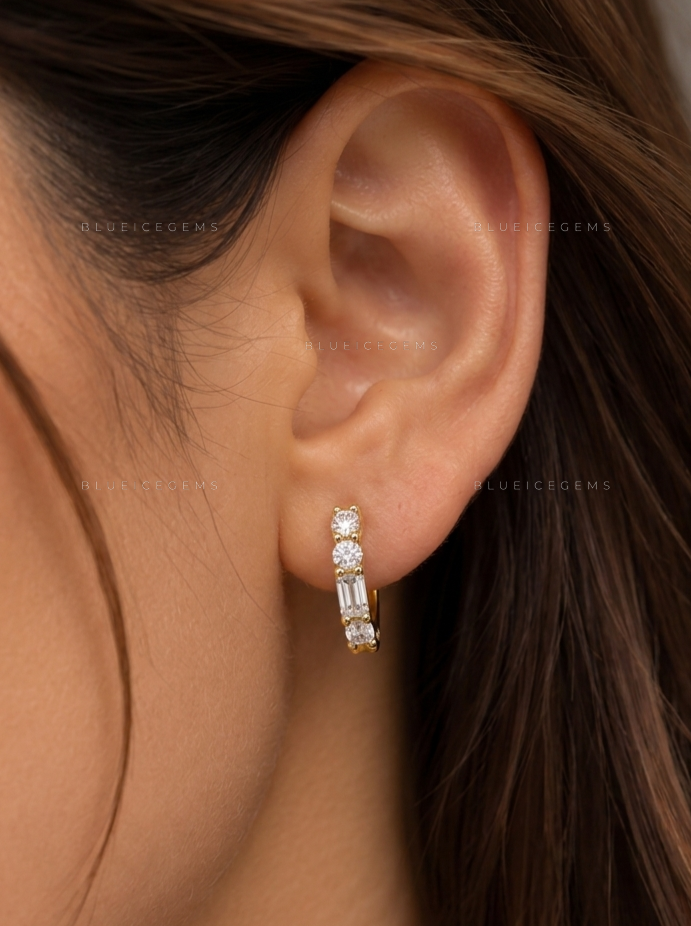 Twisted Baguette and Round Hoop Earrings