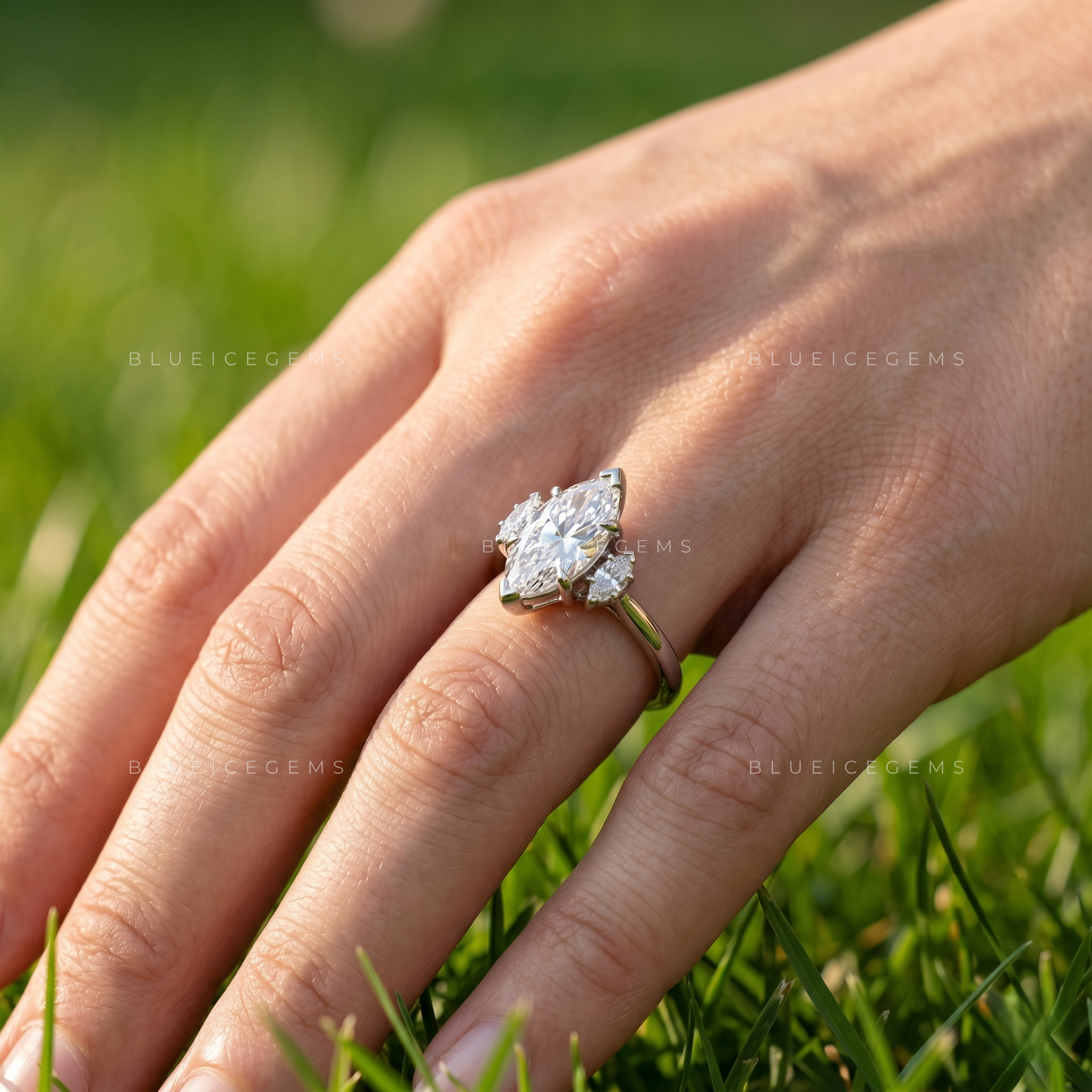 Opulent Triple Marquise Brilliant Cut Victorian Inspired Engagement Ring