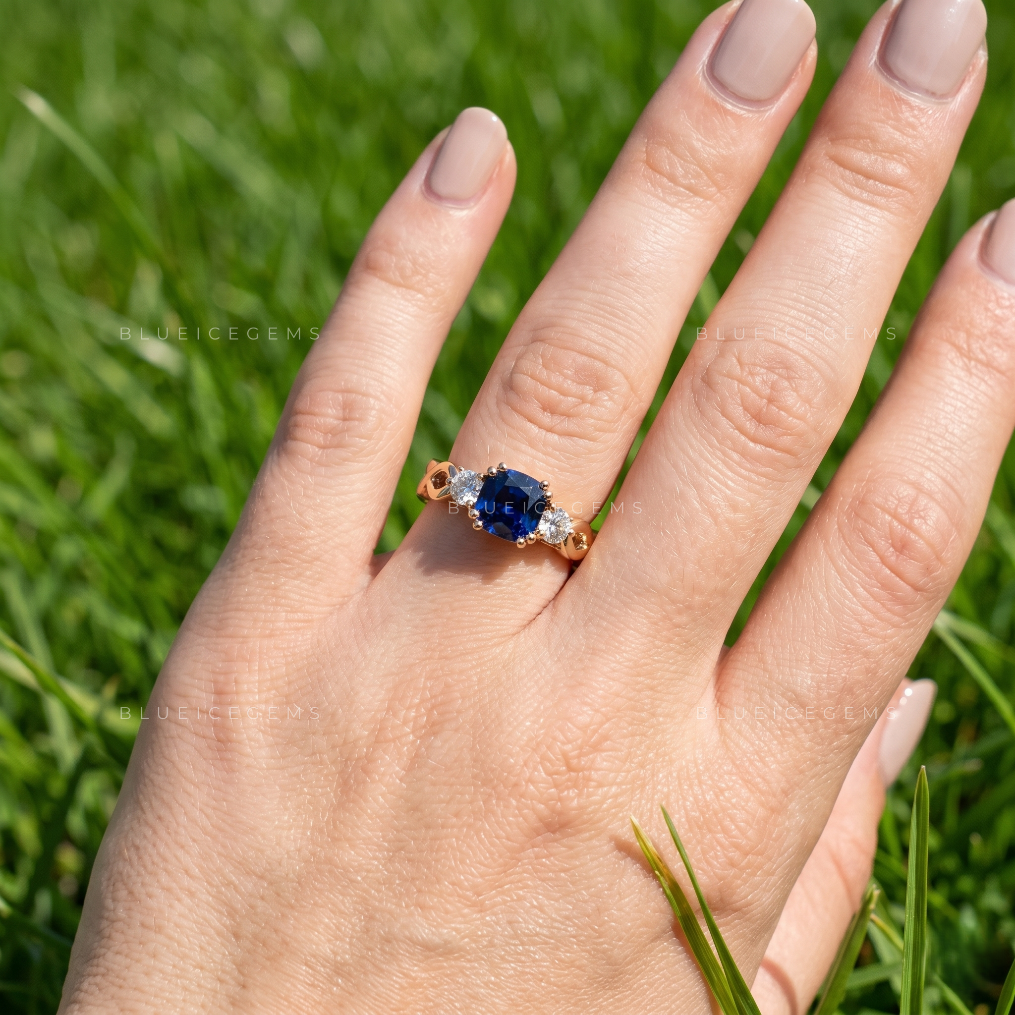 Royal Splendor Cushion Cut Sapphire and Round Brilliant Accent Engagement Ring