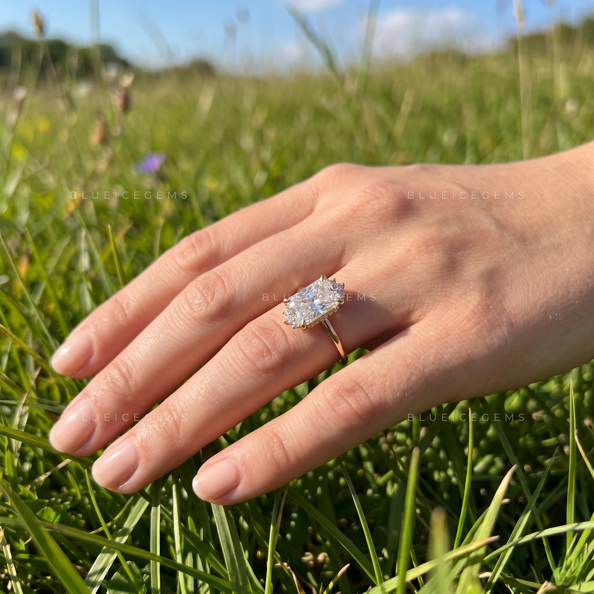 Radiant Brilliant Cut Cluster Engagement Ring with Accents