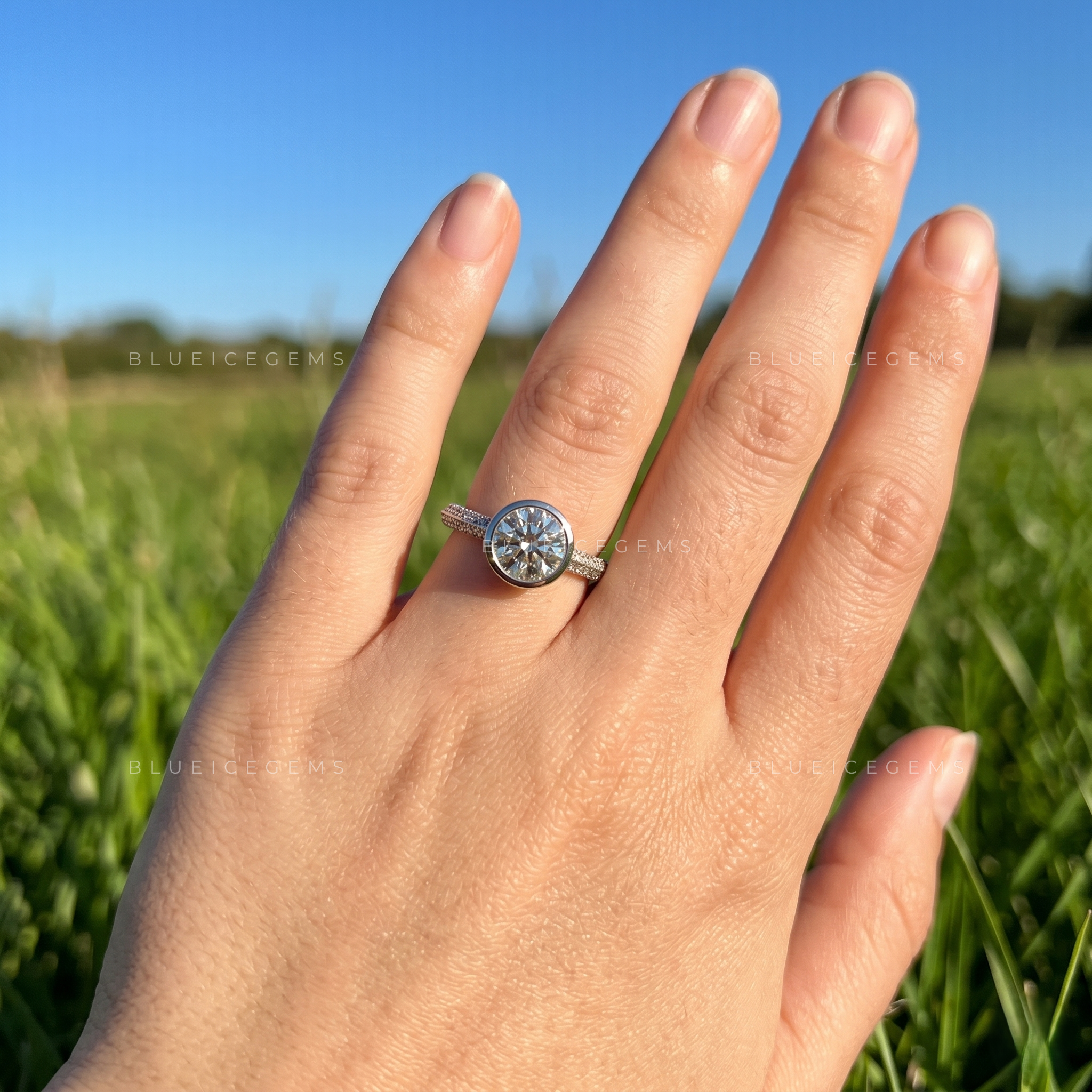 Luminous Horizon Bezel Set Round Brilliant Double Pave Engagement Ring