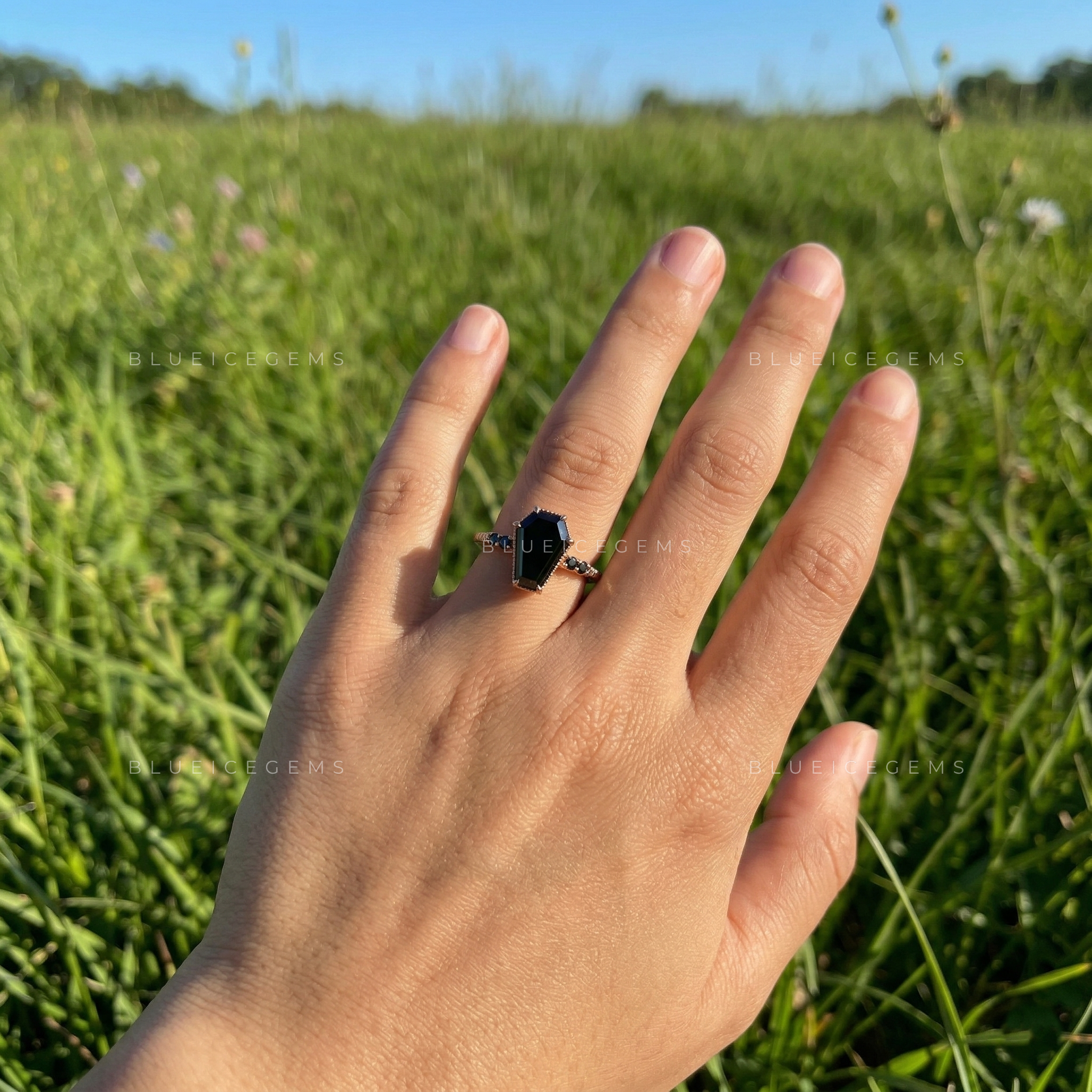 Midnight Shadows Coffin Cut Black Moissanite Trilogy Ring