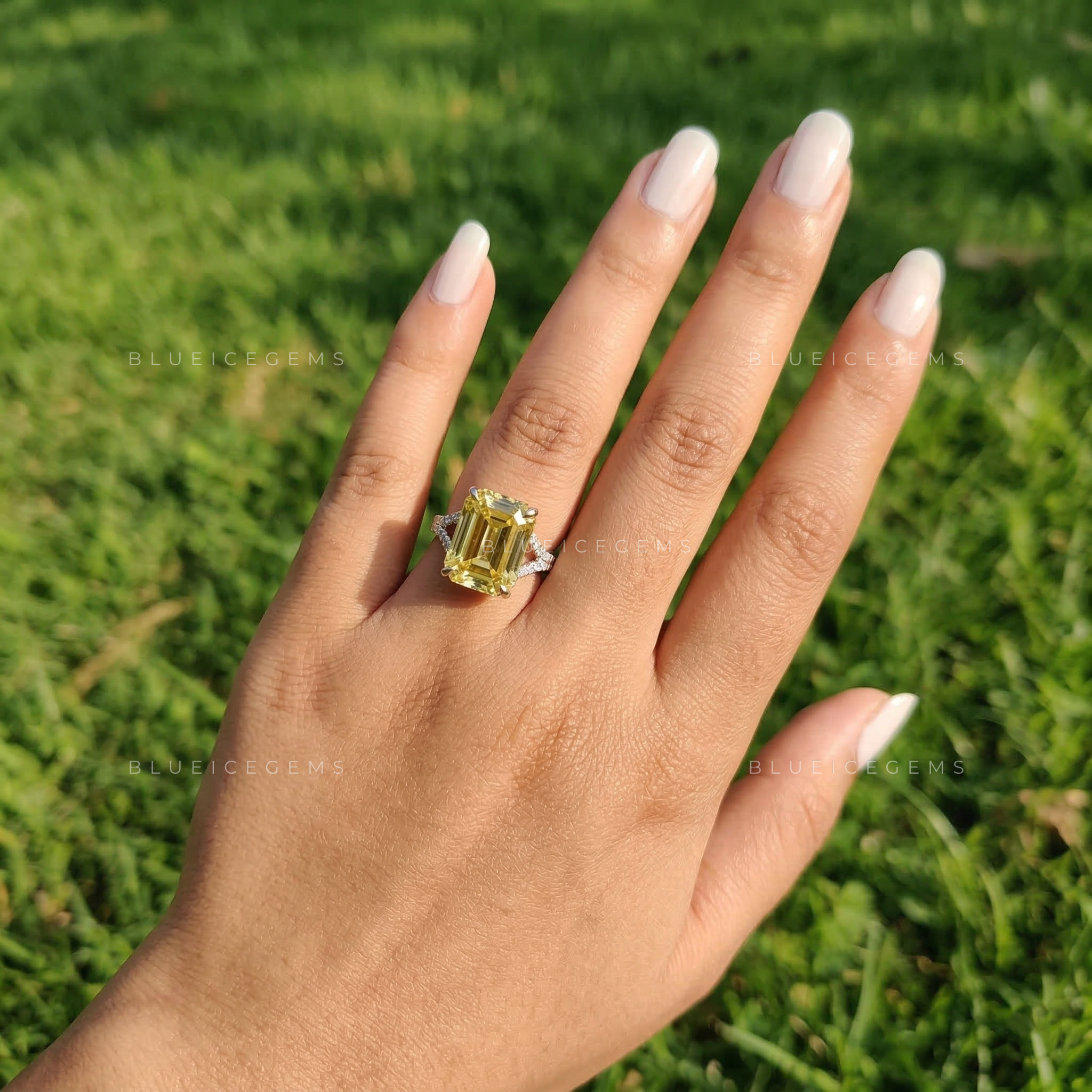 Golden Canary Emerald Cut Split Shank Ring