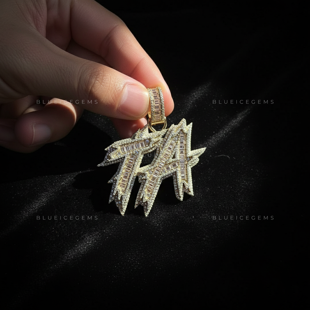 The "TA" Electric Signature: Baguette Mosaic & Jagged Bolt Initial Pendant