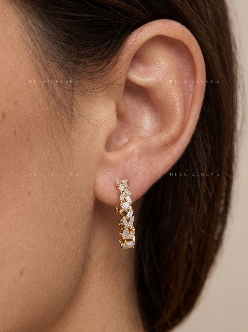 Baguette Diamond Cluster Hoop Earrings