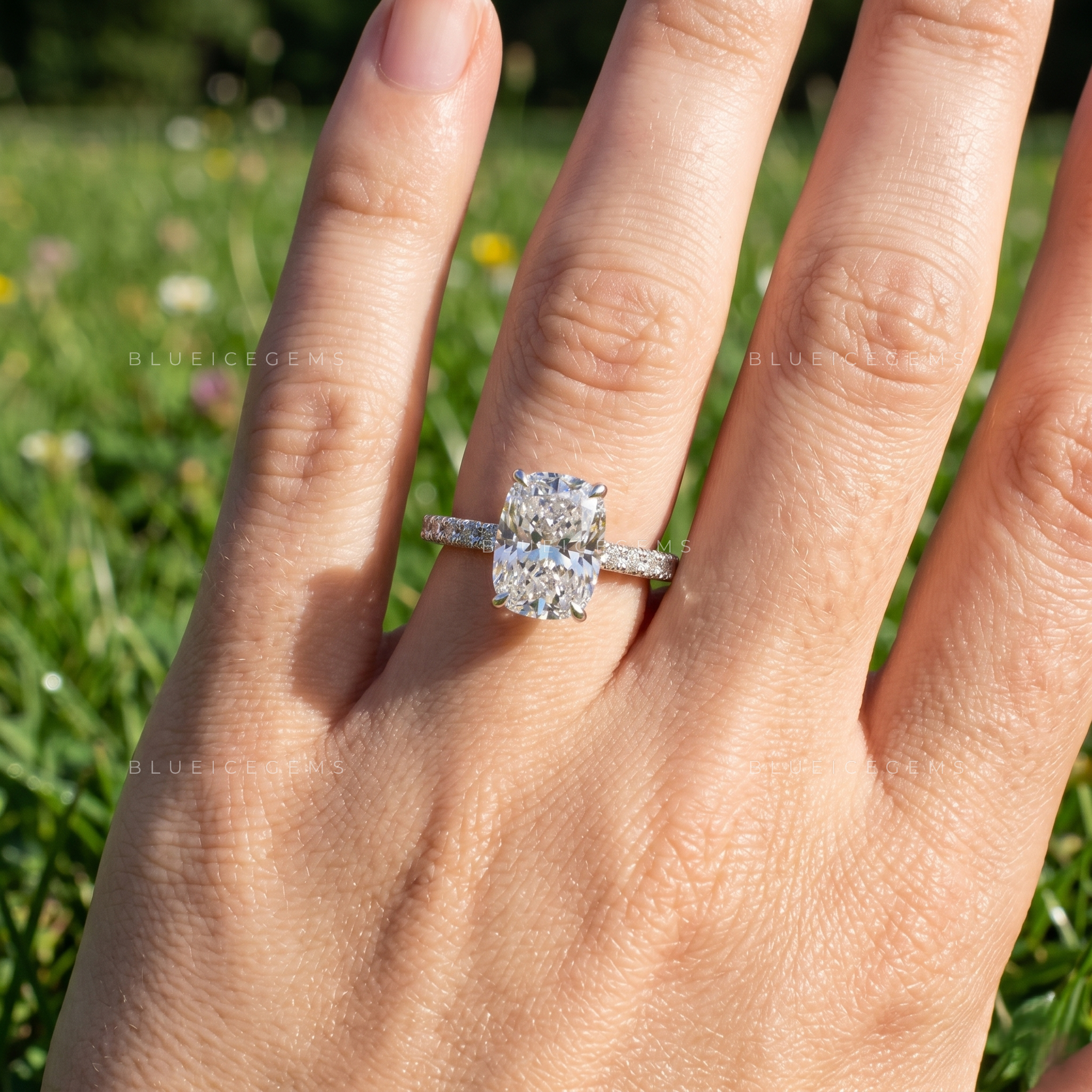 Enchanted Radiance Cushion Cut Cathedral Hidden Halo Engagement Ring