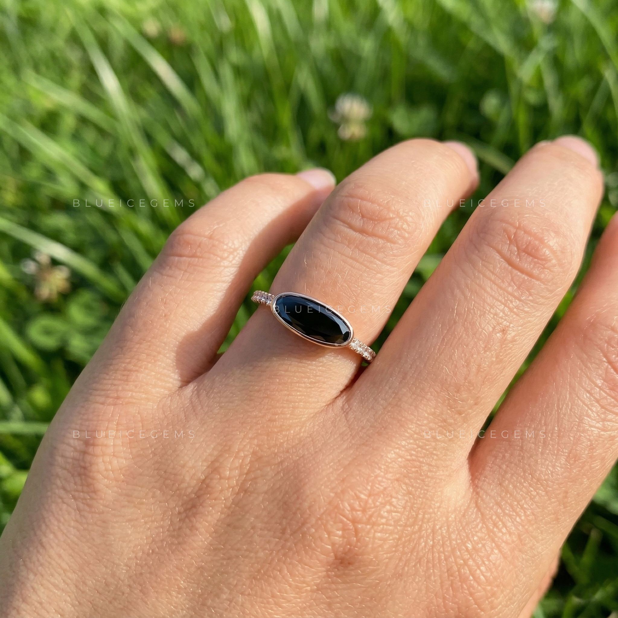 Midnight Noir Moval Cut Black Moissanite Accent Ring