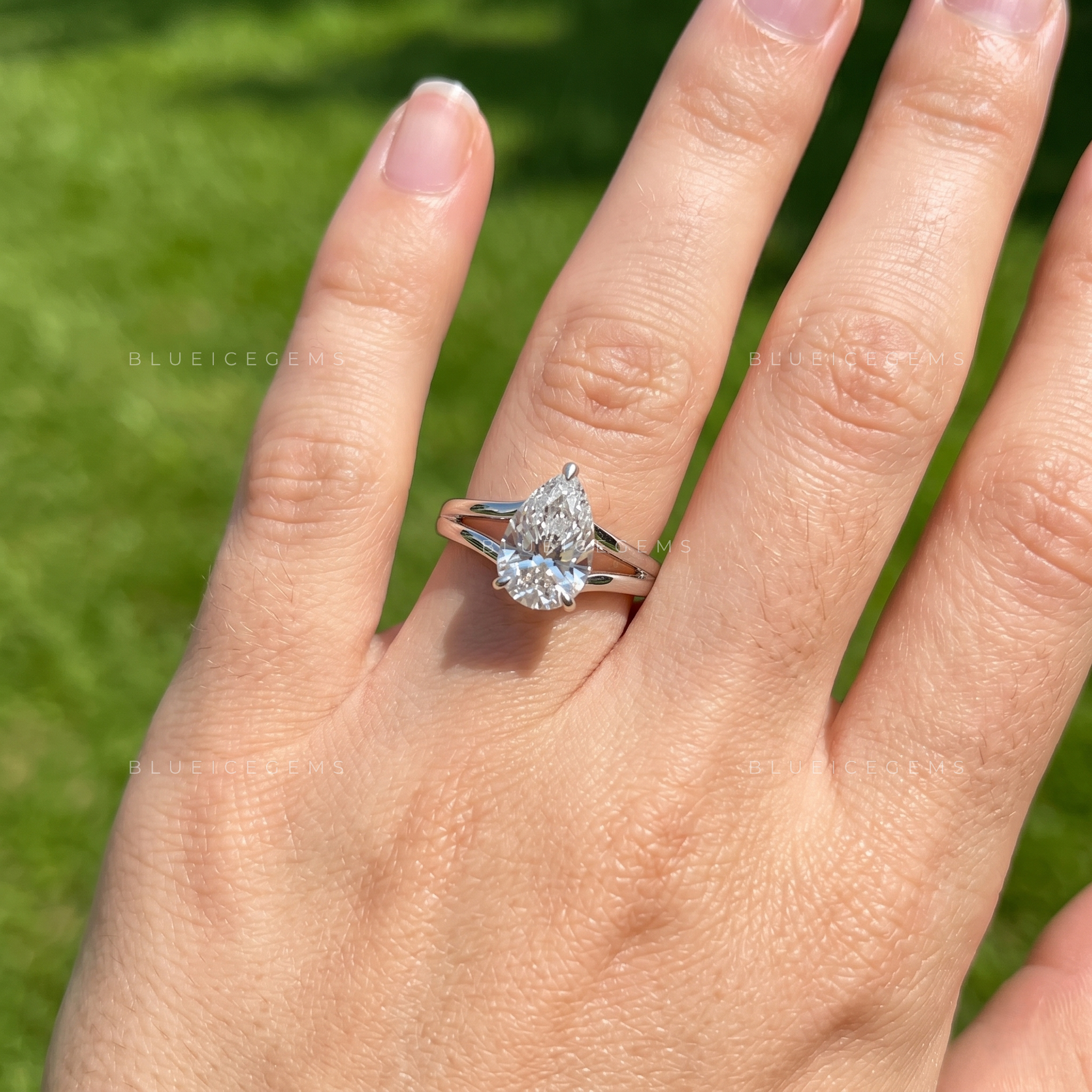 Graceful Majesty Pear Cut Split Shank Hidden Halo Engagement Ring