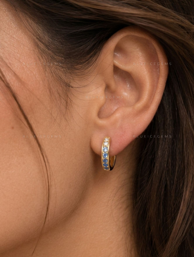 Blue Gemstone and Diamond Huggie Earrings