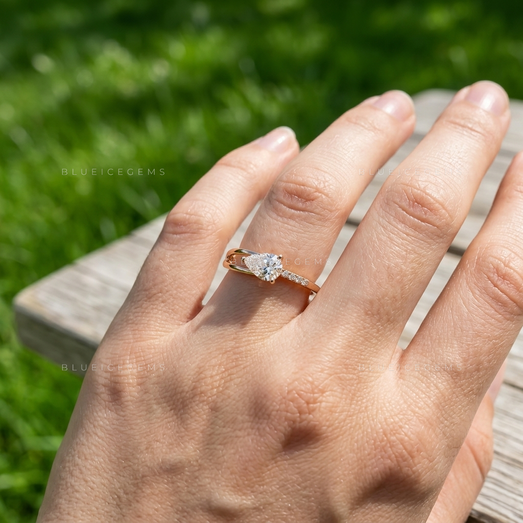 Graceful Horizon Pear Cut Asymmetric Split Band Engagement Ring