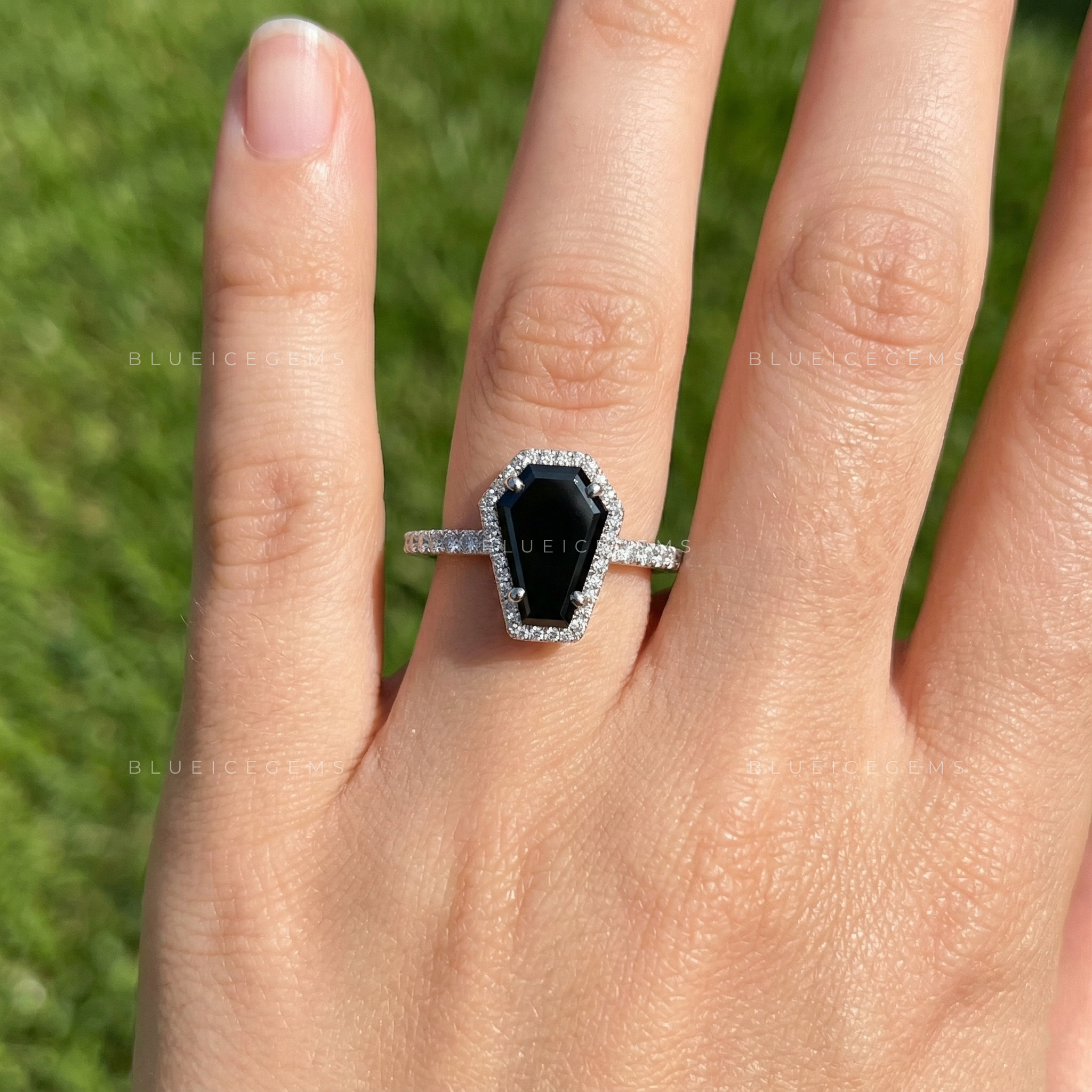 Midnight Noir Coffin Cut Black Moissanite Halo Engagement Ring