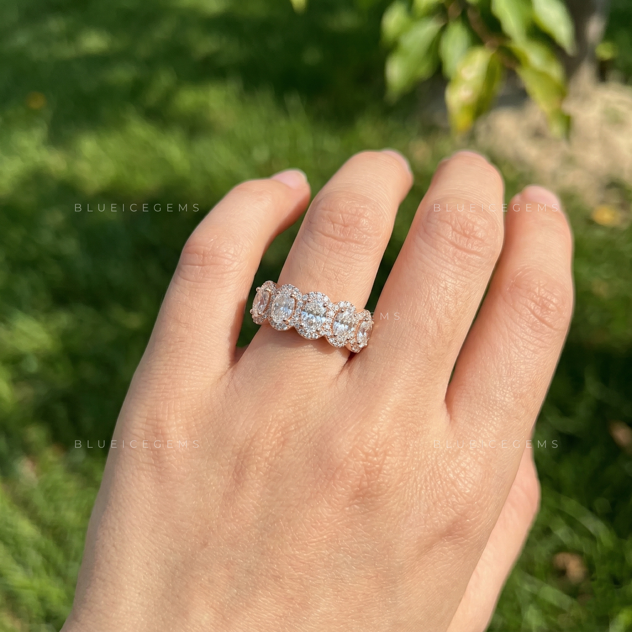 Radiant Oval Cut Halo Pave Wedding Band With Brilliant Accents