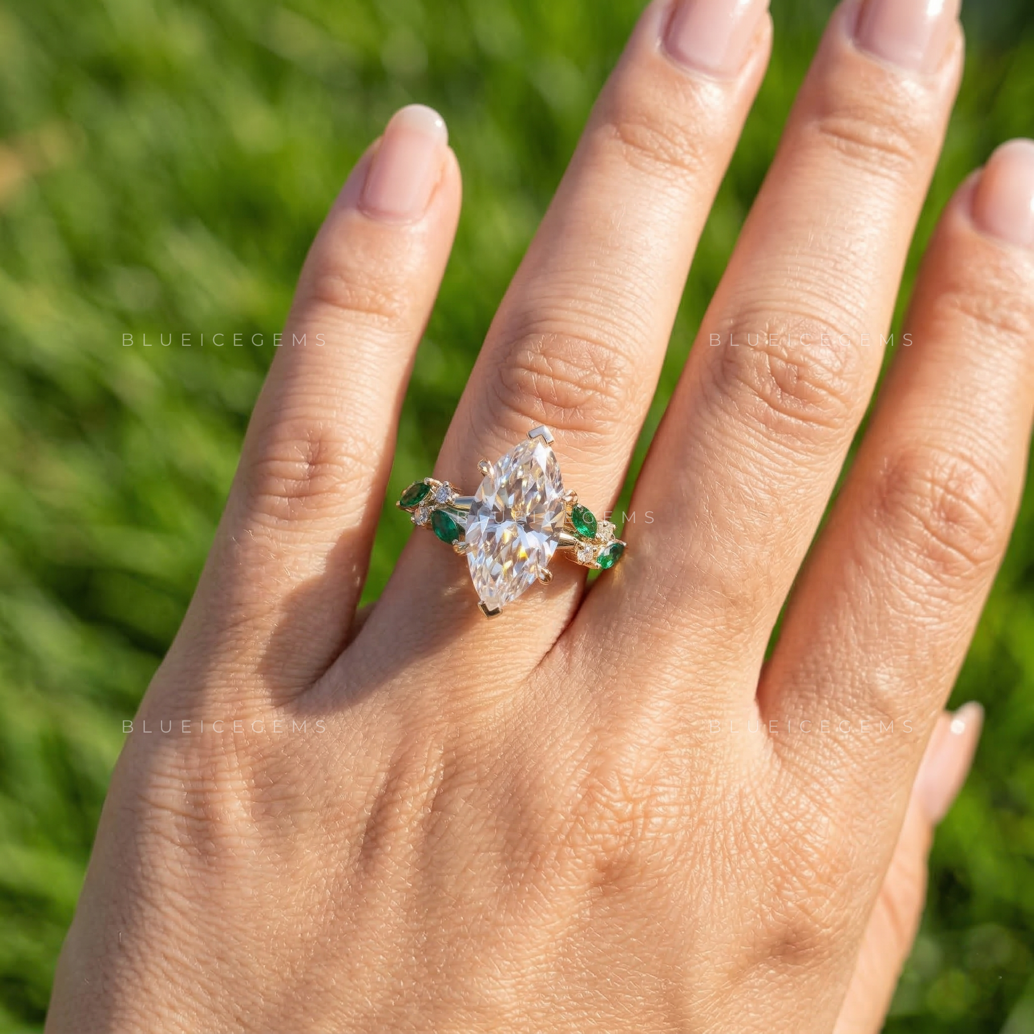 Botanical Harmony Marquise and Emerald Cluster Ring