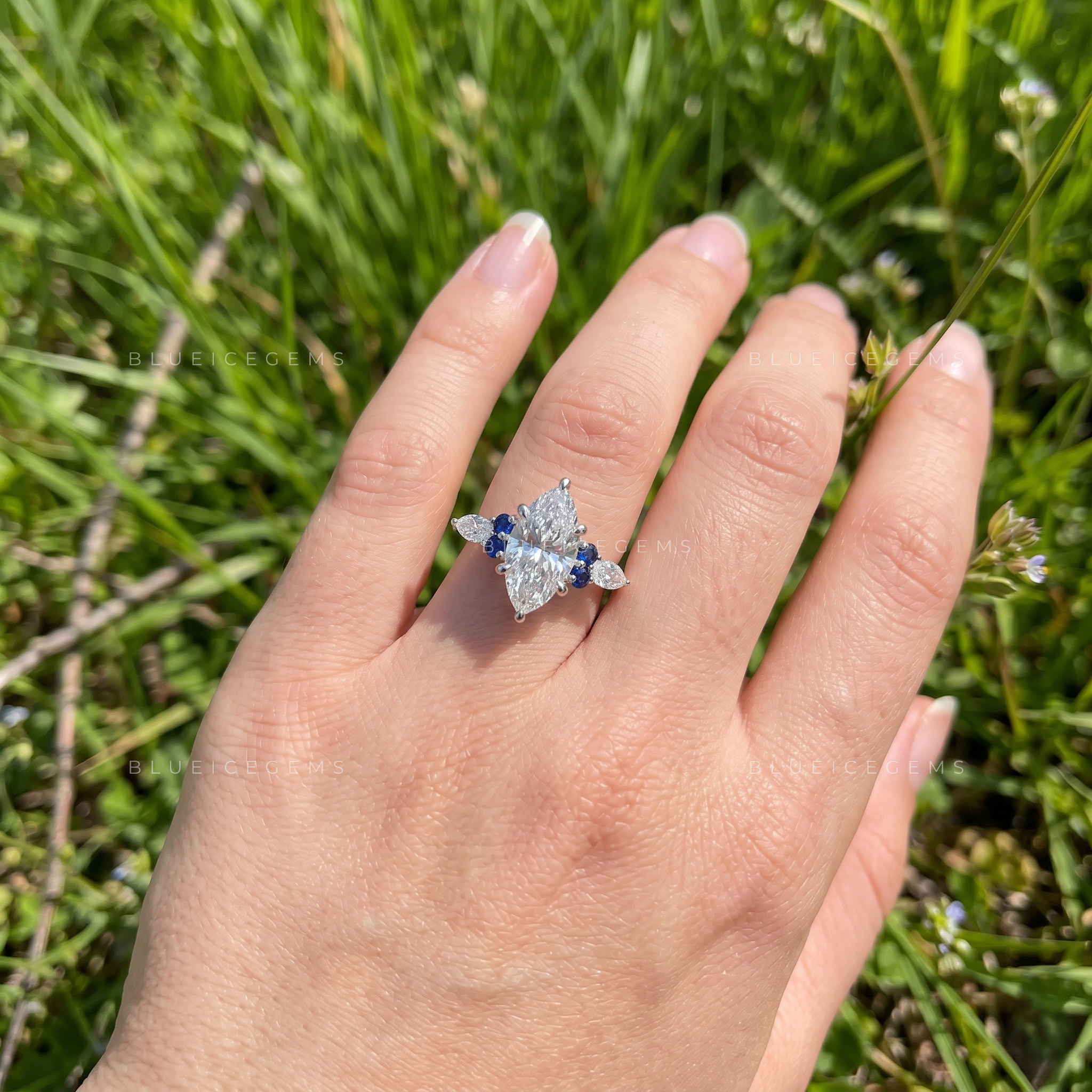 Royal Blossom Marquise Cut Sapphire Accent Engagement Ring