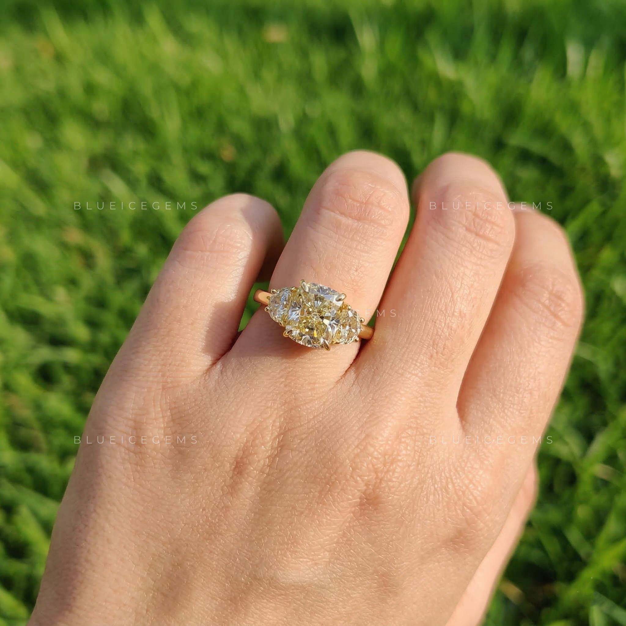 Golden Glow Cushion Cut Half Moon Trilogy Ring