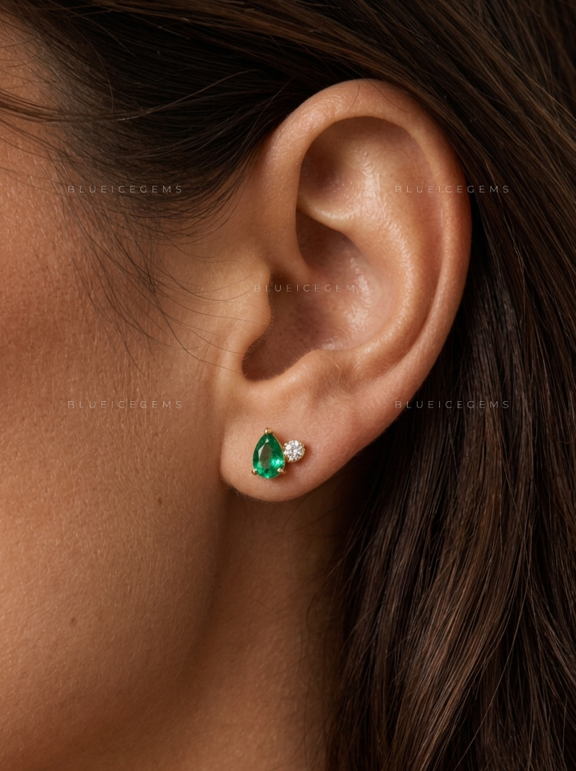 Toi et Moi Emerald and Diamond Stud Earrings