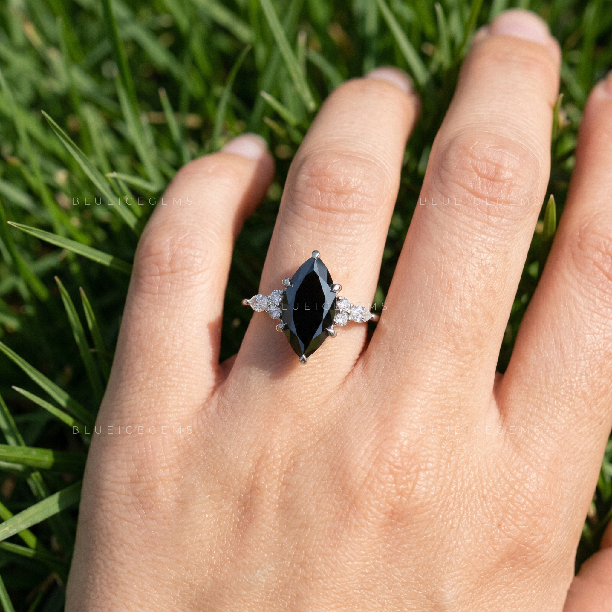 Midnight Noir Marquise Cut Black Diamond Vine Engagement Ring