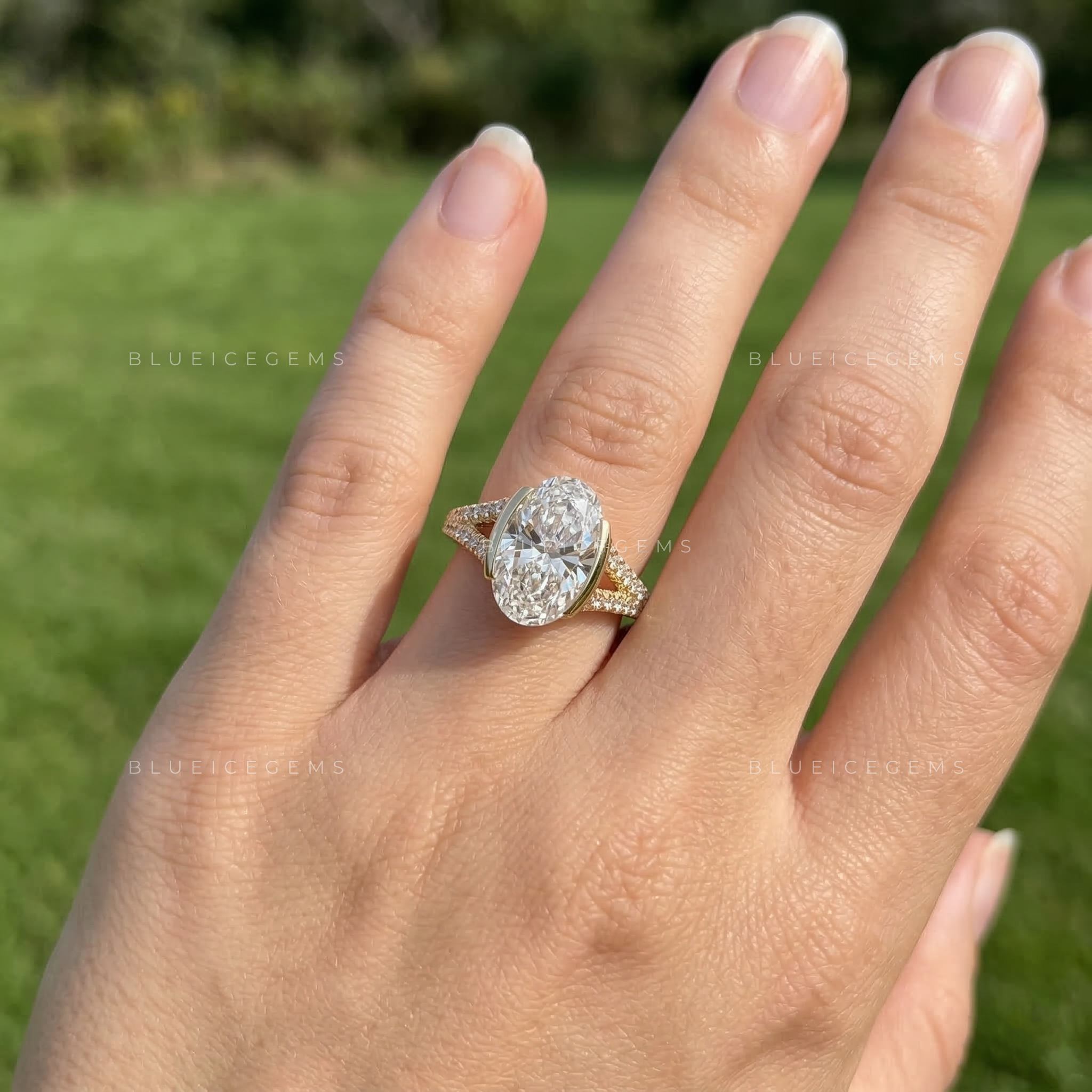 Modern Half Bezel Oval Cut Pavé Engagement Ring