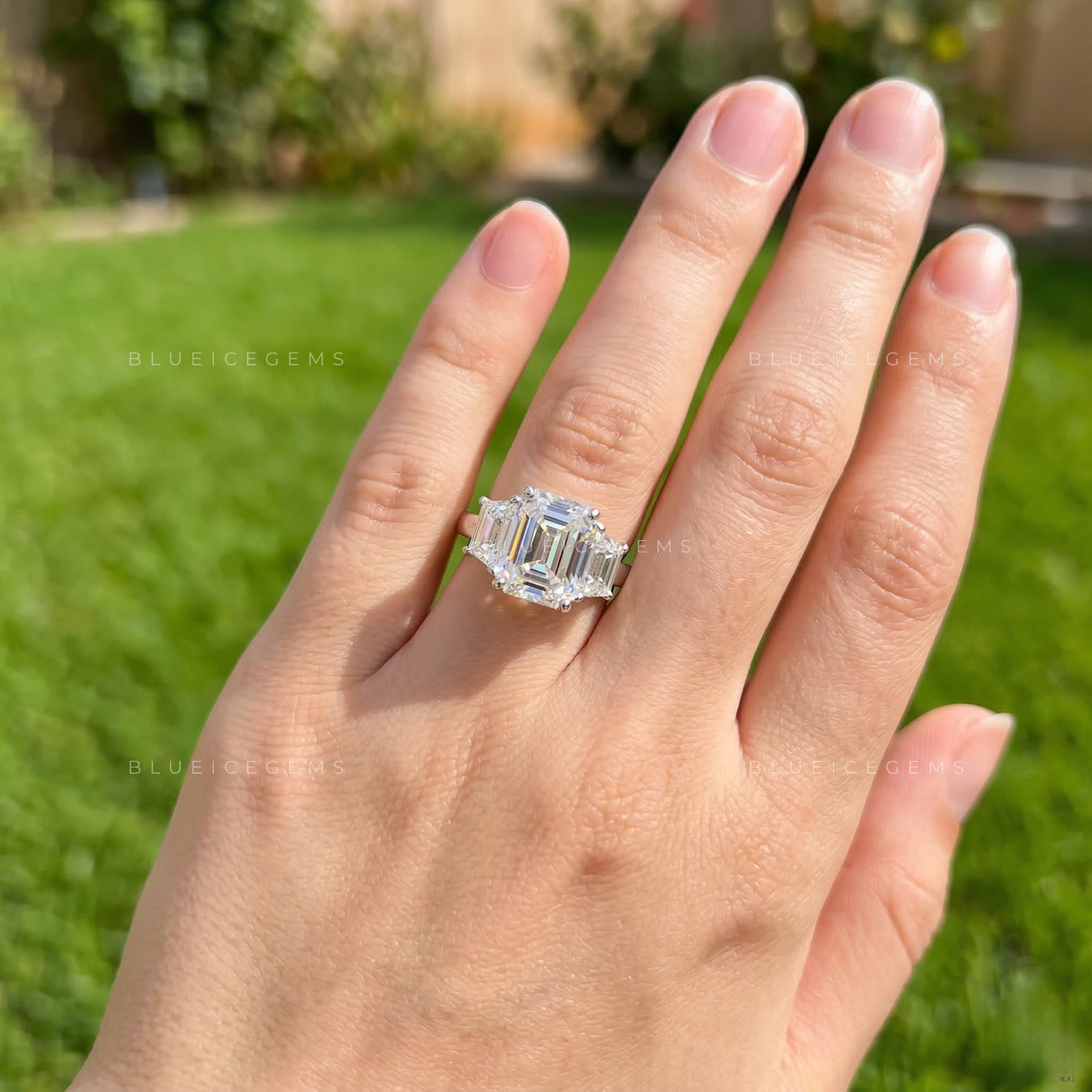 Art Deco Opulence Emerald Trapezoid Three Stone Ring