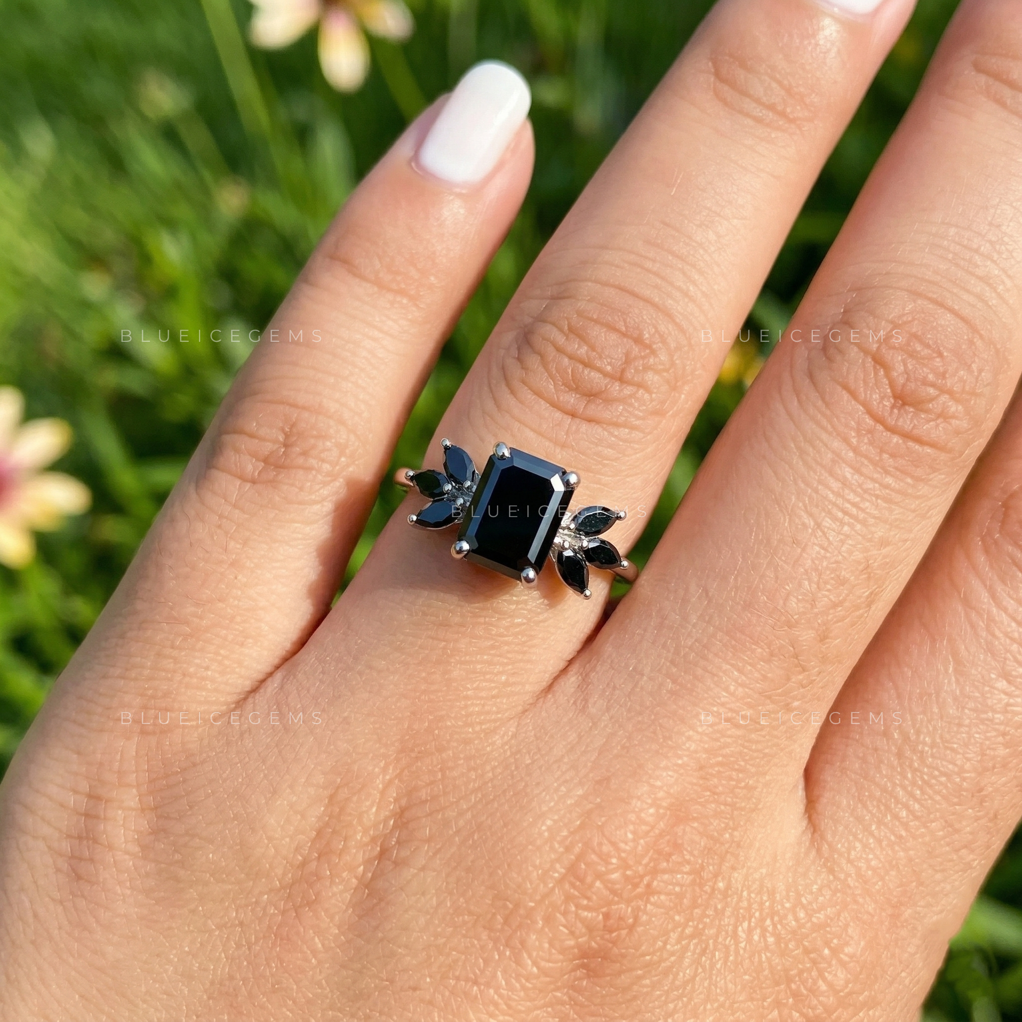 Midnight Noir Emerald Cut Black Diamond Nature-Inspired Ring