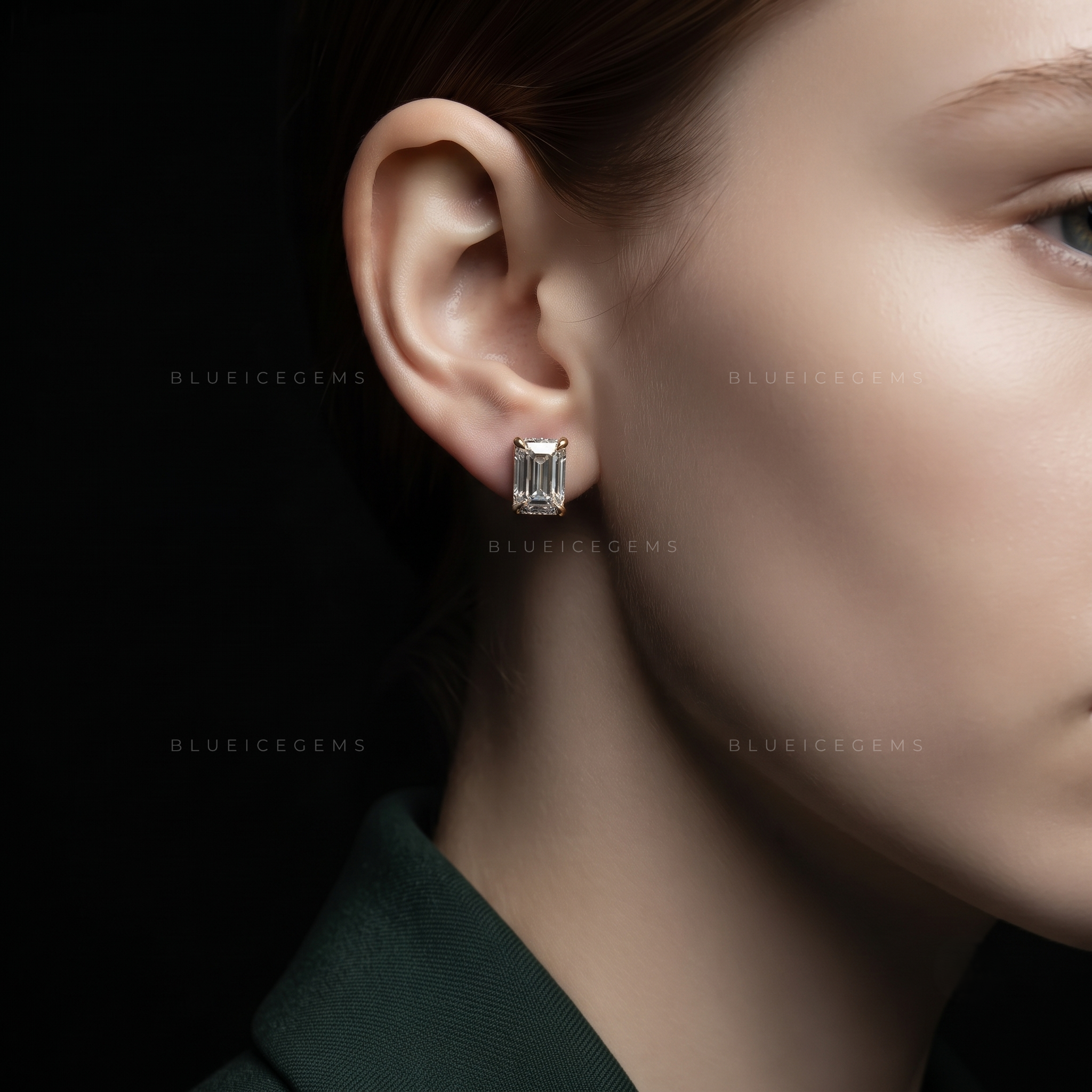 Verdant Elegance Emerald Cut Lab-Grown Diamond Stud Earrings