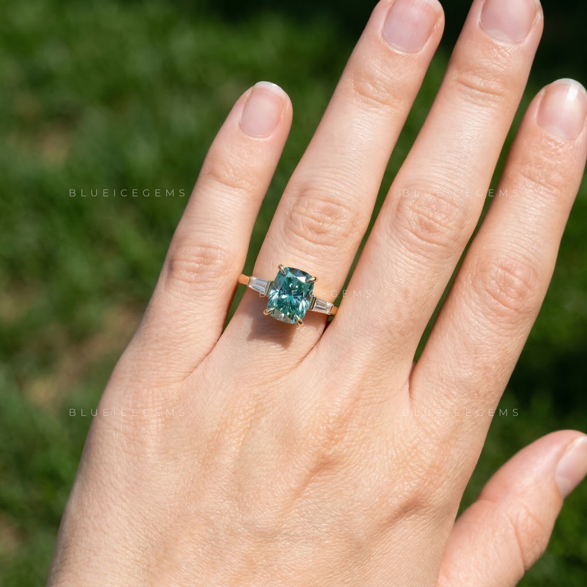 Cerulean Sky Elongated Cushion Tapered Baguette Ring