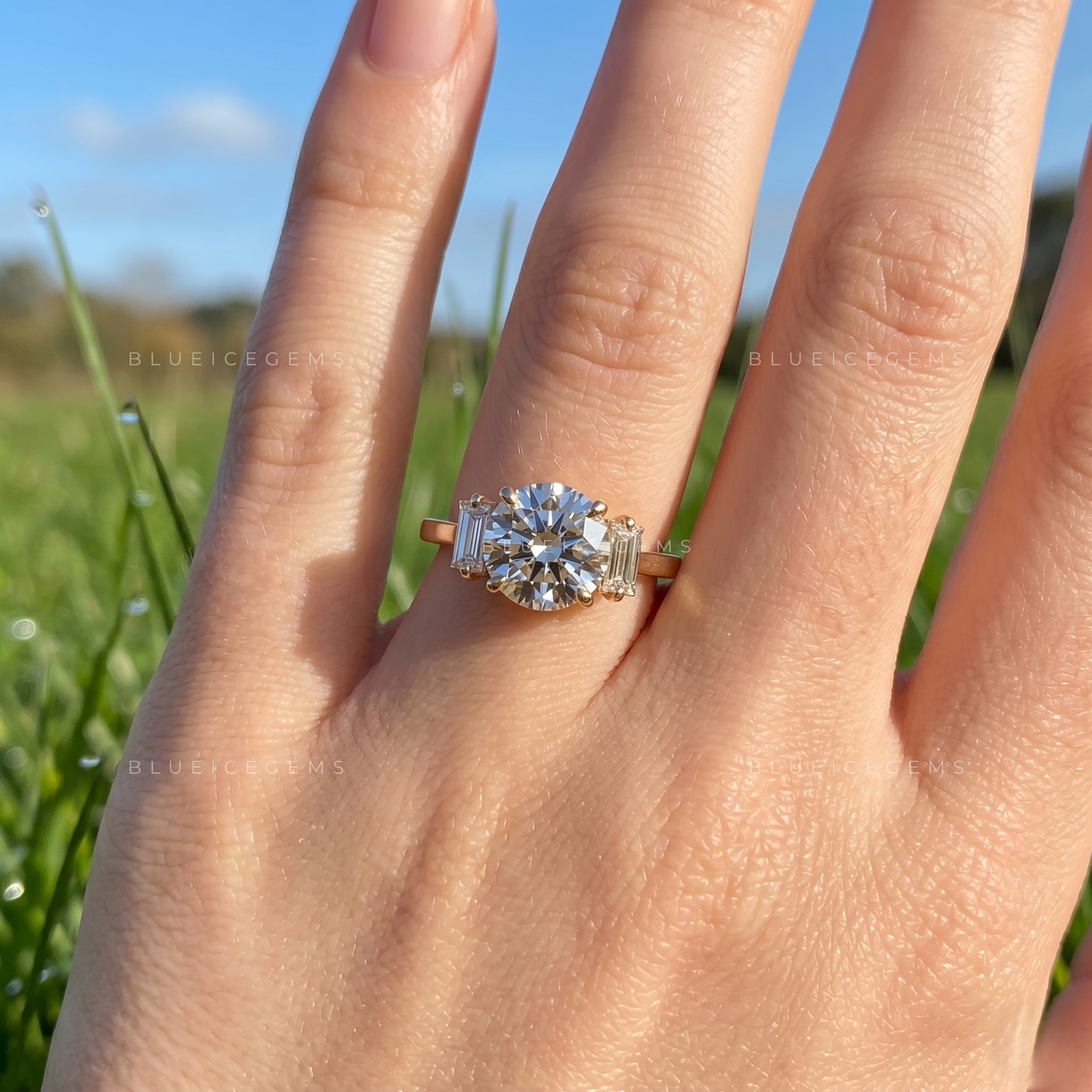 Infinite Elegance Round Brilliant Cut Trilogy Side Baguette Engagement Ring