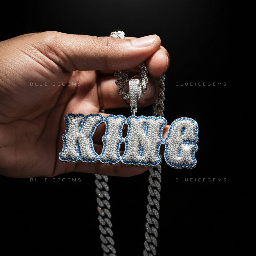 The "KING" Azure Sovereign: Electric Blue Halo & 3D Bubble Script Pendant