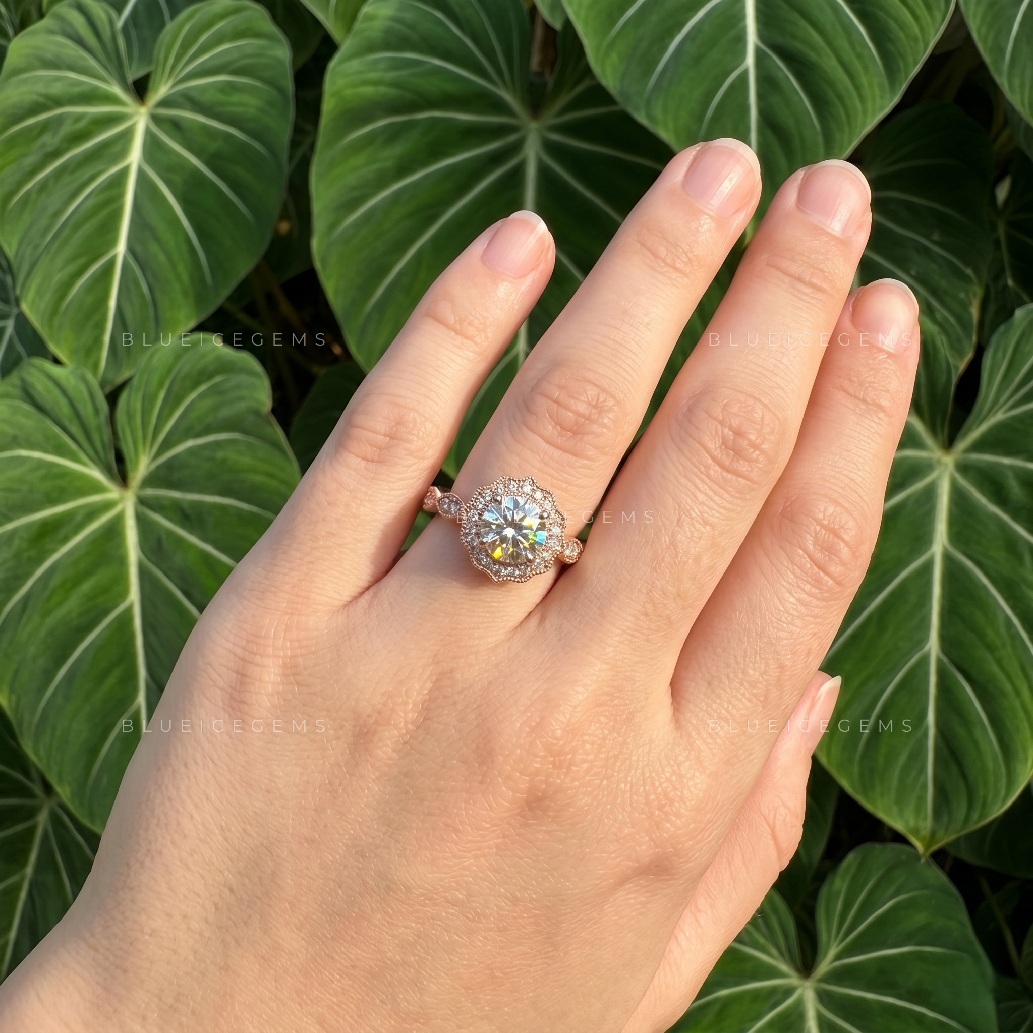 Art Deco Round Cut Halo Cathedral Engagement Ring
